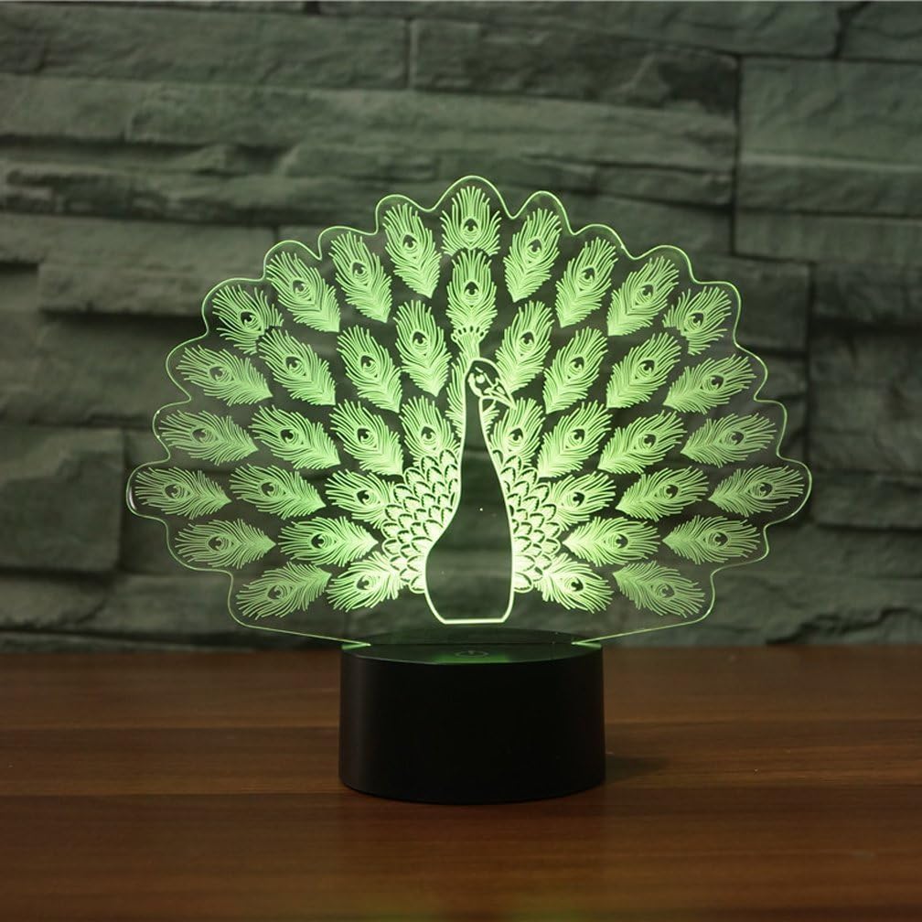 LED Night Light,WONFAST 3D Visualization Amazing Optical Illusion 7 Color Changing Touch Button USB Powered Home Decor Lamp Desk Lamp Gift for Kids Christmas (Peacock)