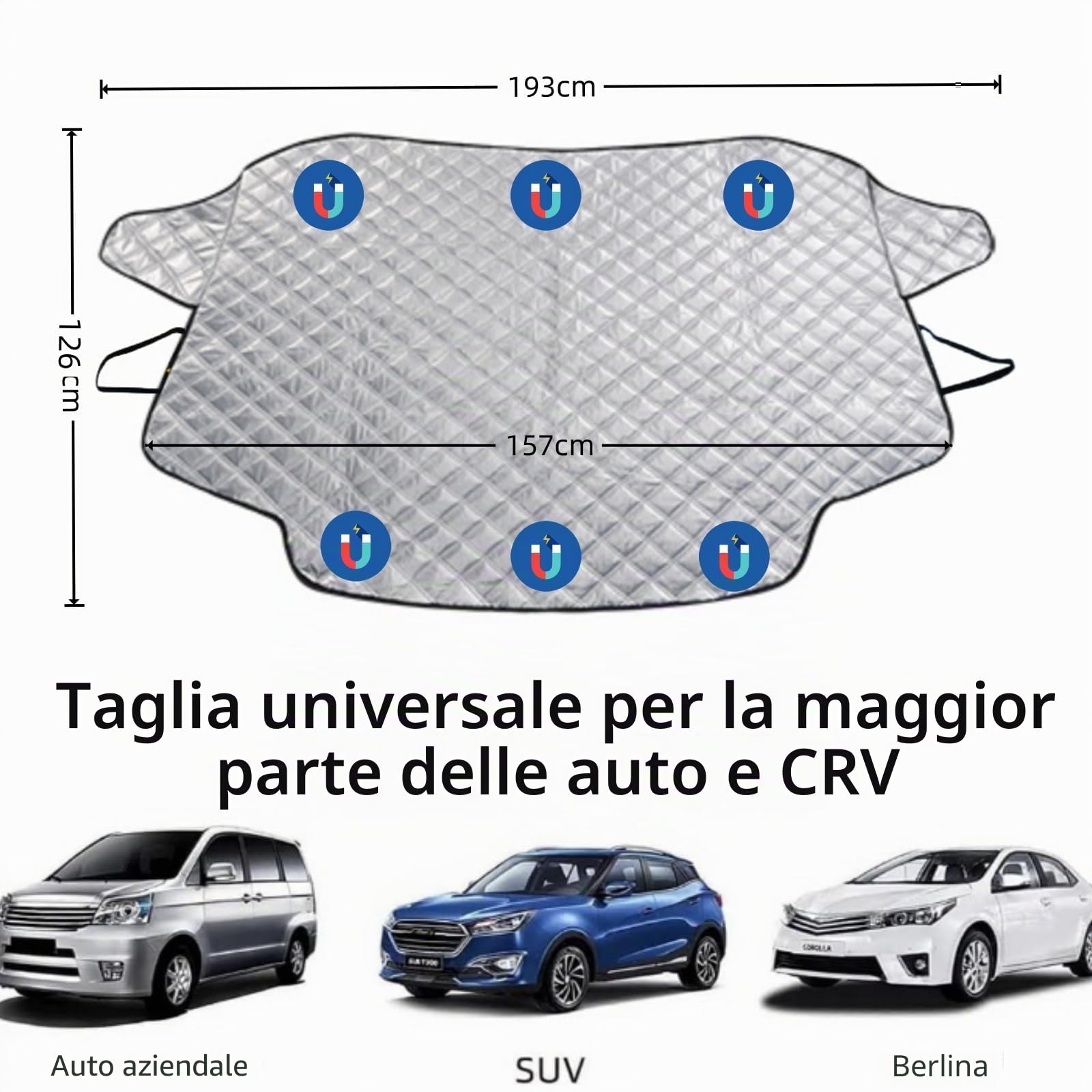 Copertura Parabrezza Auto 195x126cm 6 Magneti Antighiaccio Ripiegabile