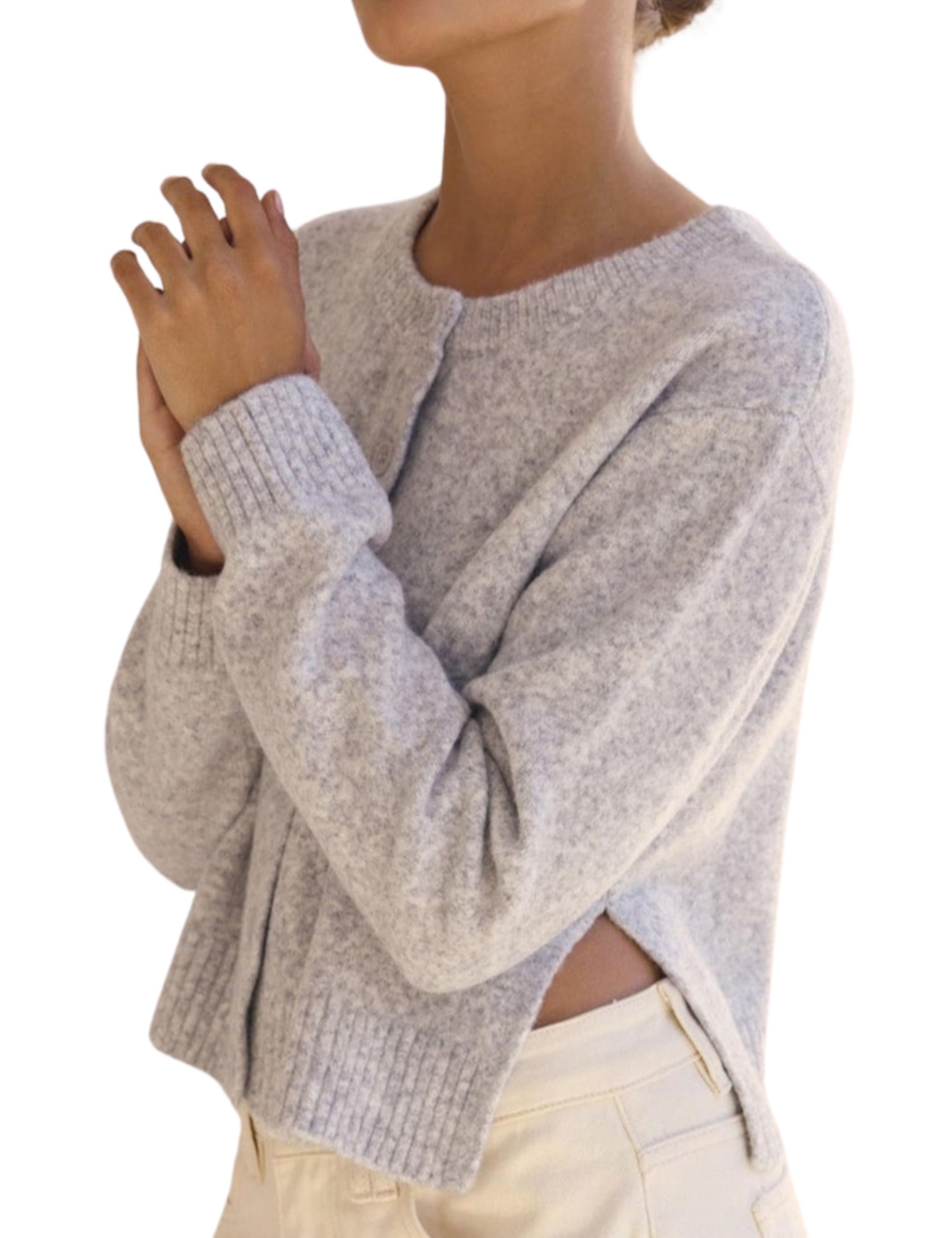 Womens Crop Cardigan Sweaters Long Sleeve Side Split Cardigan Knitwear Trendy Button Down Knit Cardigan