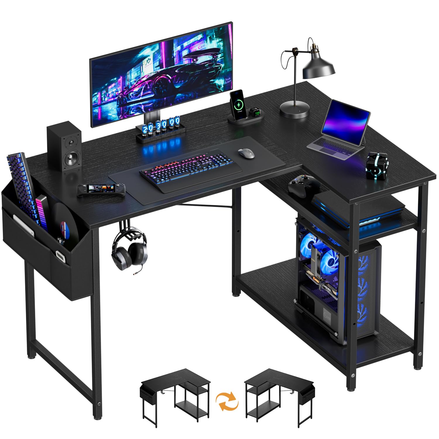 SOLAVERO Scrivania Angolare Reversibile 110 x 80 cm, Scrivania a L con Borsa Portaoggetti, Tavolo Computer con Ripiani, per Ufficio, Studio and Soggiorno, Tavolo Gaming Nero