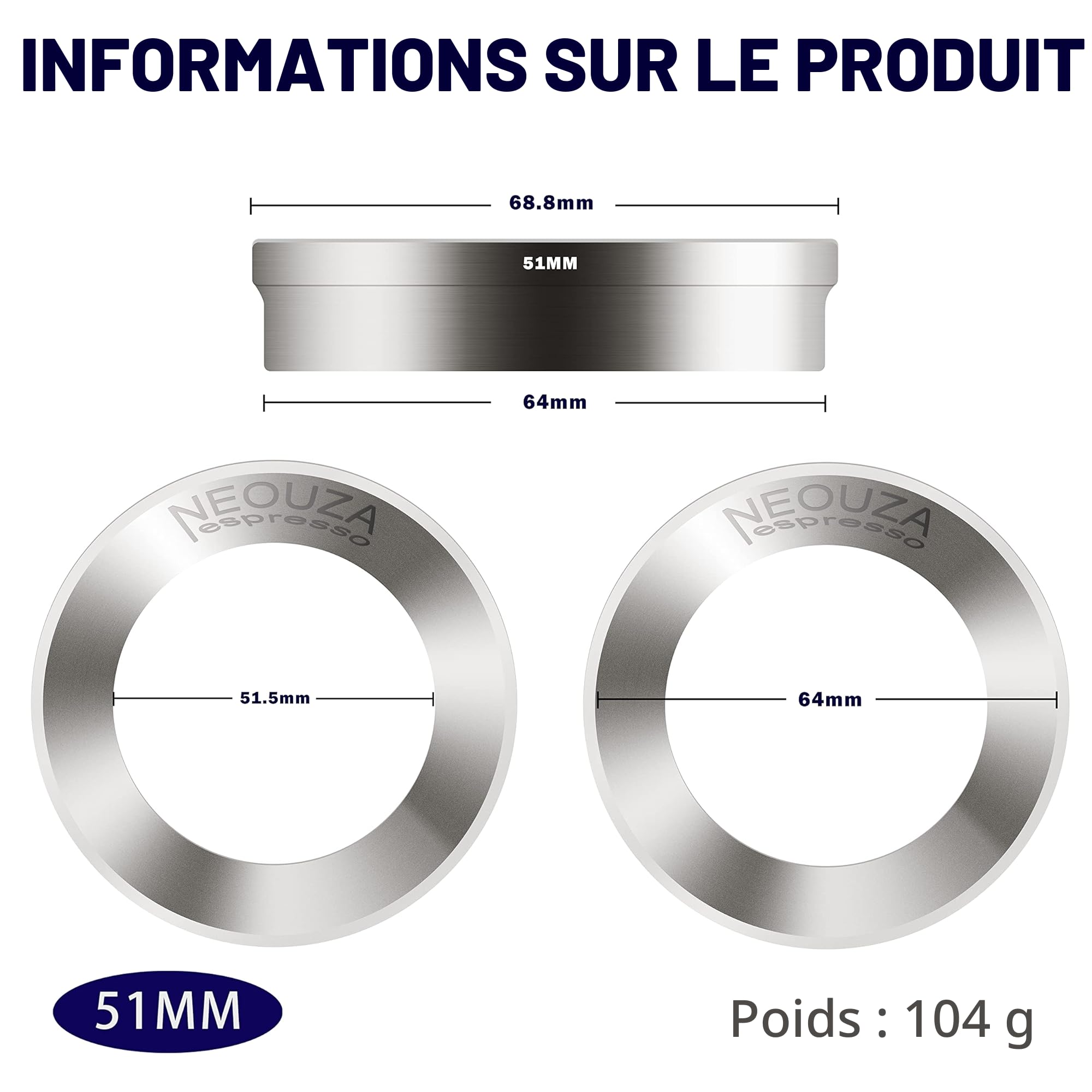 NEOUZA Anneau d'entonnoir doseur en acier inoxydable compatible avec porte-filtre de machine à café pour tassage (51 mm)