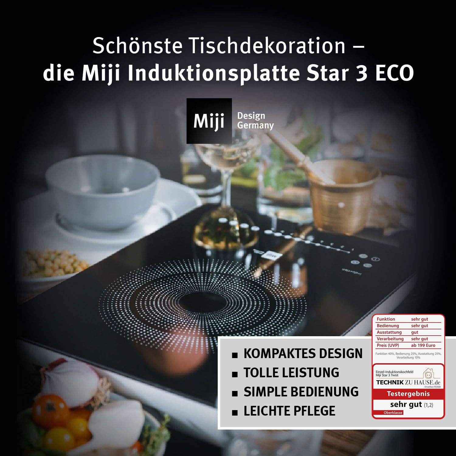 Amazon.de: Miji - Star 3 ECO Trend, mobiles Induktionskochfeld,  Induktionsplatte mit 1 Kochfeld, Induktionskochplatte mit Ceranfeld autark,  9 Stufen, ...