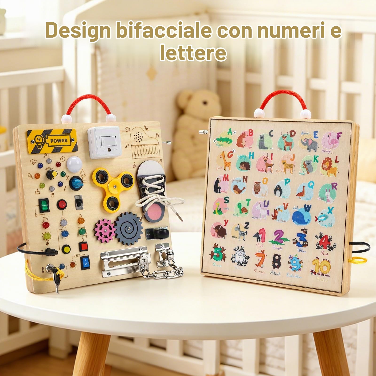 Montessori Busy Board Activity Board a partire da 1 anno, giocattolo educativo motorio sensoriale, giocattolo in legno, giocattolo di apprendimento sensoriale luminoso con meccanismo