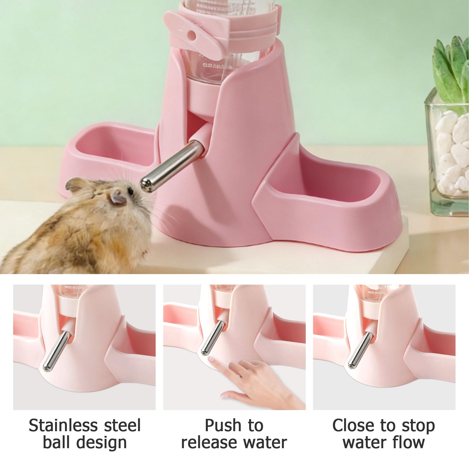 Gourde 3 en 1 pour hamster - Rose - 80 ml - Avec double gamelle et support - Pas de fuite d'eau - Distributeur d'eau automatique pour hamsters, lapins, cochons d'Inde, chinchilla