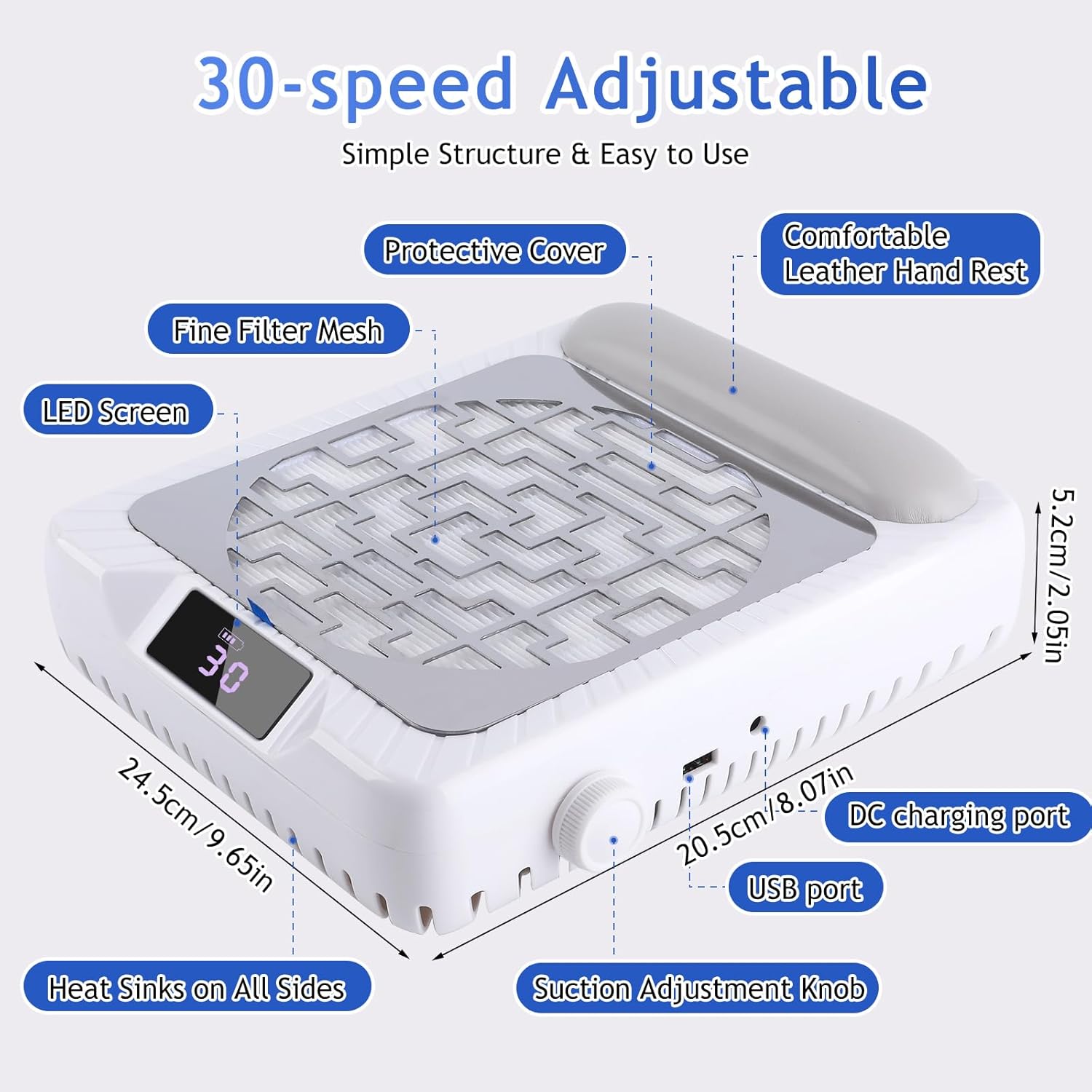 Rechargeable Nail Dust Collector, Professional Dust Collector Nail Tech with LED Display, Powerful Adjustable Nail Dust Cleaner Machine for Acrylic Nail Polishing & Salon use