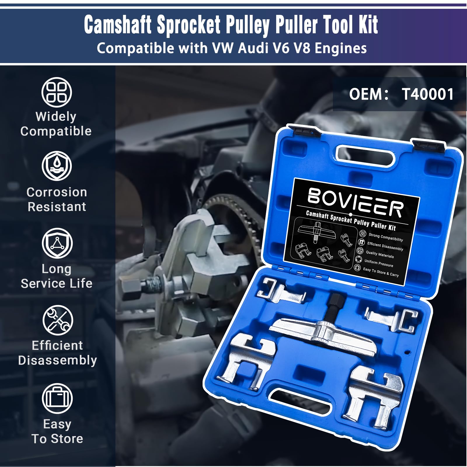 BOVIEER Camshaft Sprocket Pulley Puller Kit Compatible with VW Audi V6 V8 Engines, Cam Sprocket Pulley Removal Tool Set Replace T40001