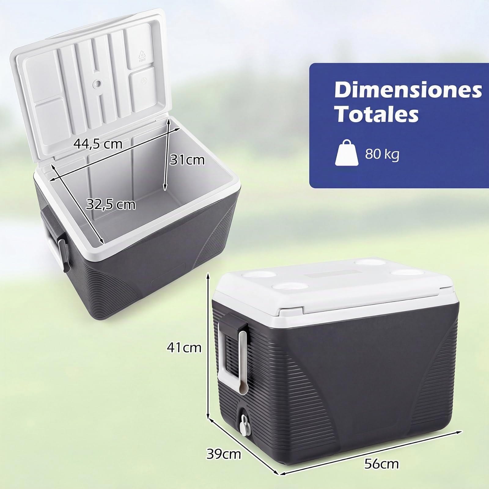 COSTWAY Nevera Portátil de 41 L, Nevera Camping Rígida con Asas Laterales y 4 Portavasos, Refrigerador Portátil Grande con Interior de PP, Relleno de Espuma PU para Acampadas Pesca Picnic