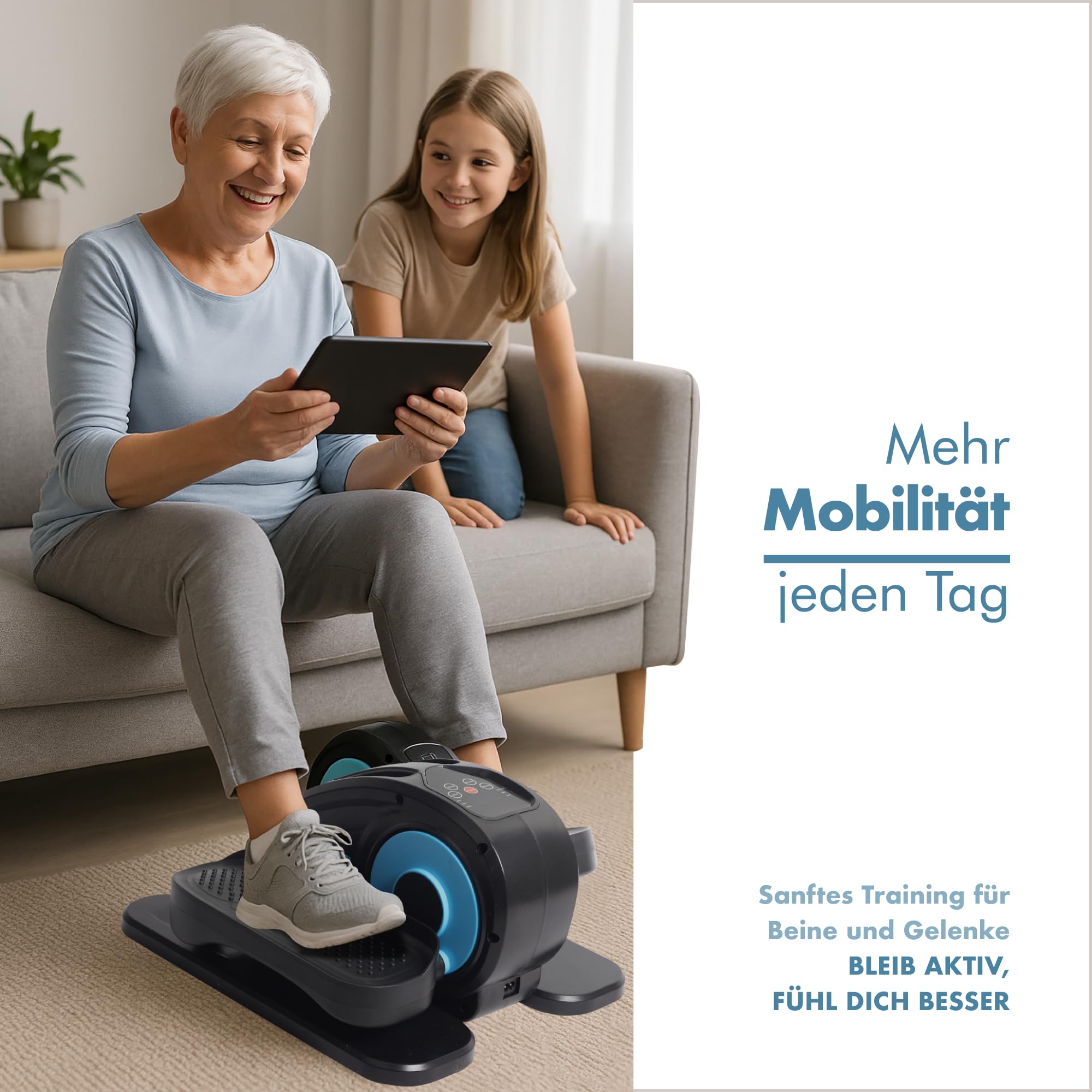 PORTENTUM Mini ellipsentrainer für zuhause elektrisch mit Fernbedienung, Display und leisem Motor – Pedaltrainer für senioren automatisch und manuell mit Geschwindigkeitswahl – Kompakt für Büro