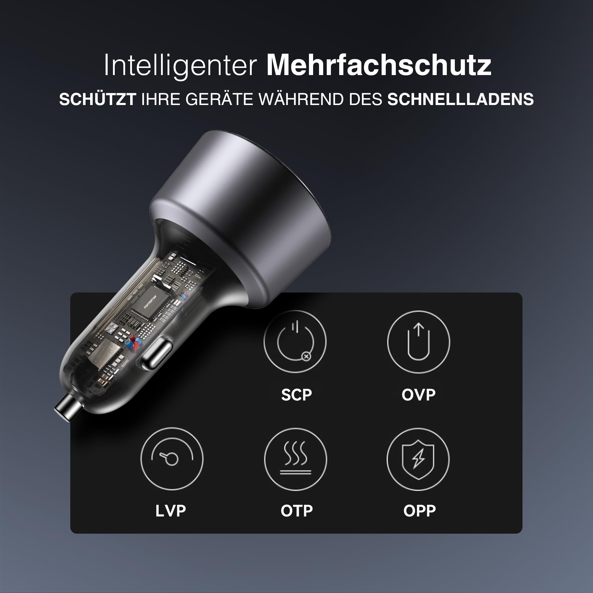PORTENTUM Zigarettenanzünder USB C 200W + 100W USB-C Kabel – Triple Auto Ladegerät – Dual USBC PD 100W + USBA QC 18W – 12V USB Adapter Auto für iPhone iPad MacBook Android Tablet Smartphone