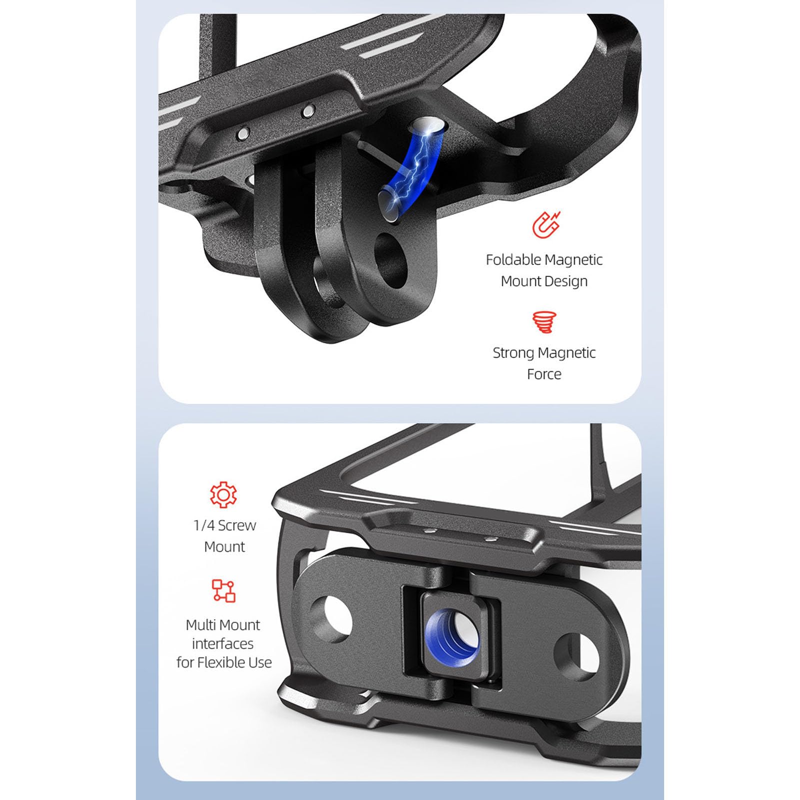 Yctze Cage de Caméra d'action pour X4, Boîtier de Caméra Magnétique en Alliage D'aluminium, Cadre de Protection avec Couvercle D'objectif en Silicone, Filetage 1/4 Pouces, Double