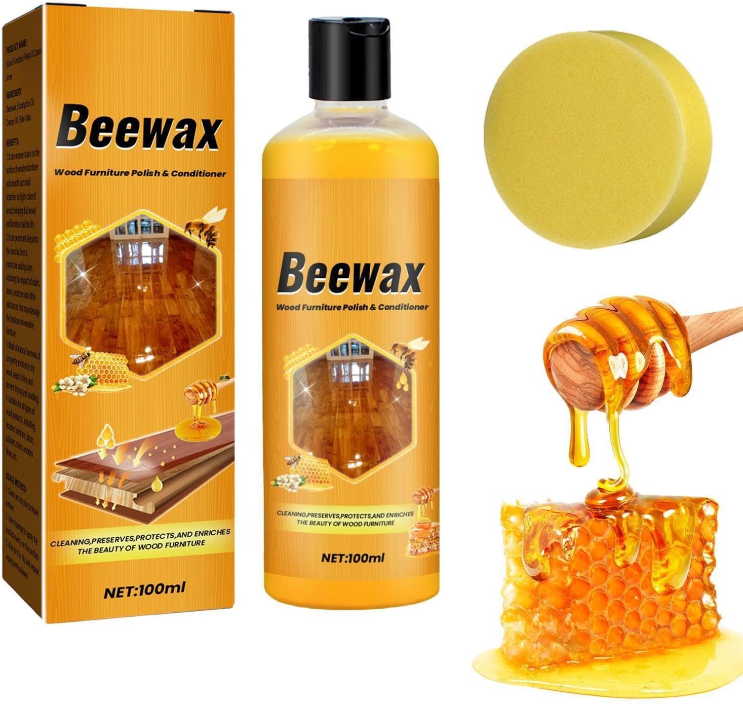 100ml Bee ワックス家具艶出し剤、 ミツロウ 家具艶出し剤、天然蜜蝋 ウッドポリッシュ、ミツロウポリッシ、多機能木材ポリッシュ、床、ワードローブドア用ミツロウ洗浄剤