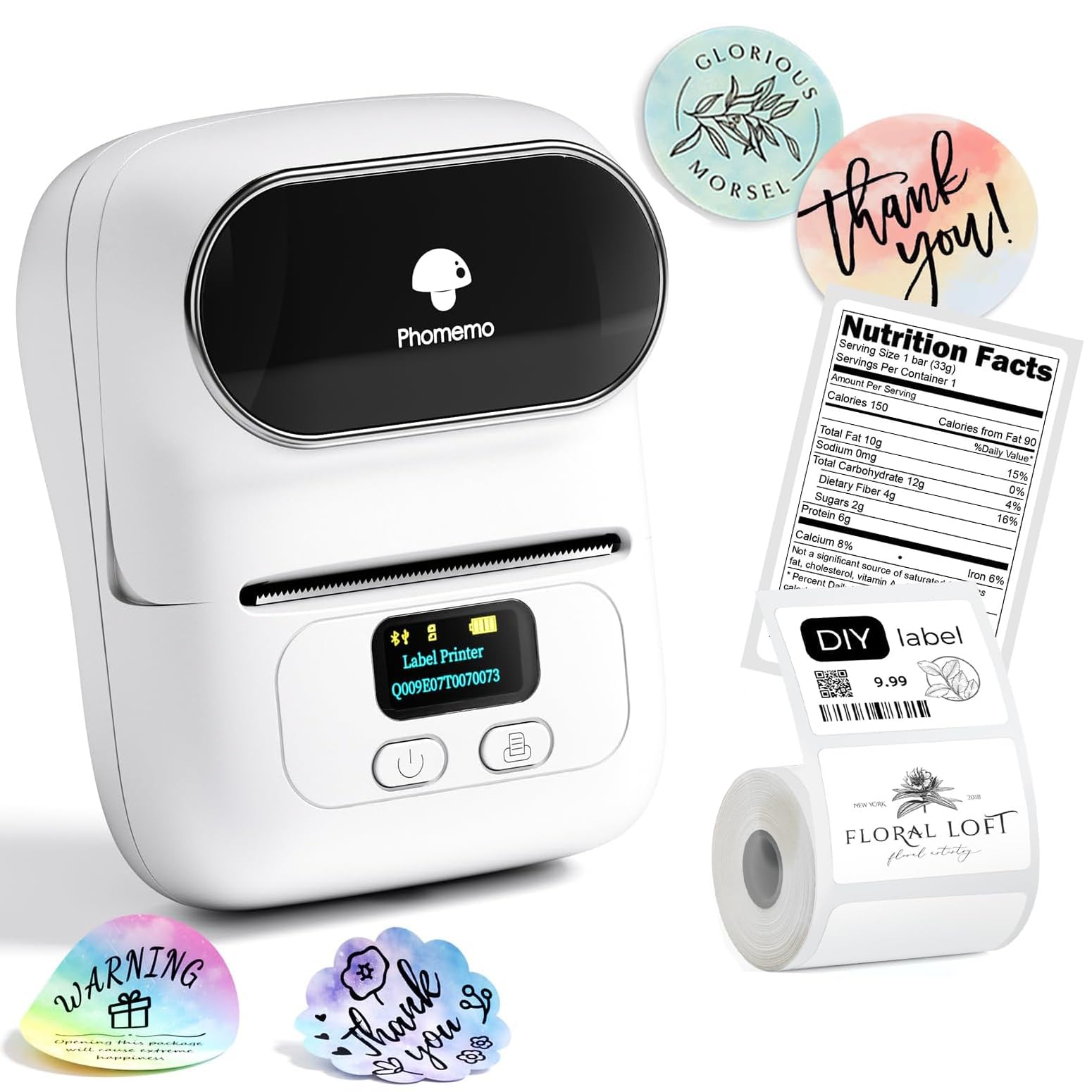 Phomemo M110 Étiqueteuse Bluetooth Imprimante d'étiquettes Autocollante Portable Etiqueteuse Thermique, Convient pour Bureau, Transport, Boutique, Code à Barres,Compatible avec Android et iOS - Blanc