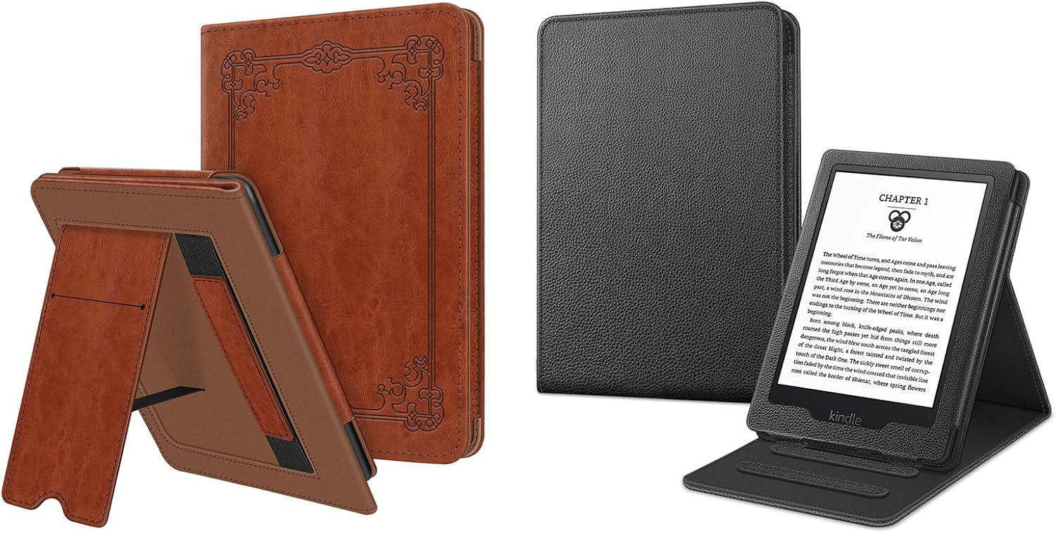 Fintie Case for 6" Kindle 11th Generation 2024/2022 - Vintage Brown PU Leather Stand Cover with Card Slot & Hand Strap + Black Multi-Viewing Stand Cover