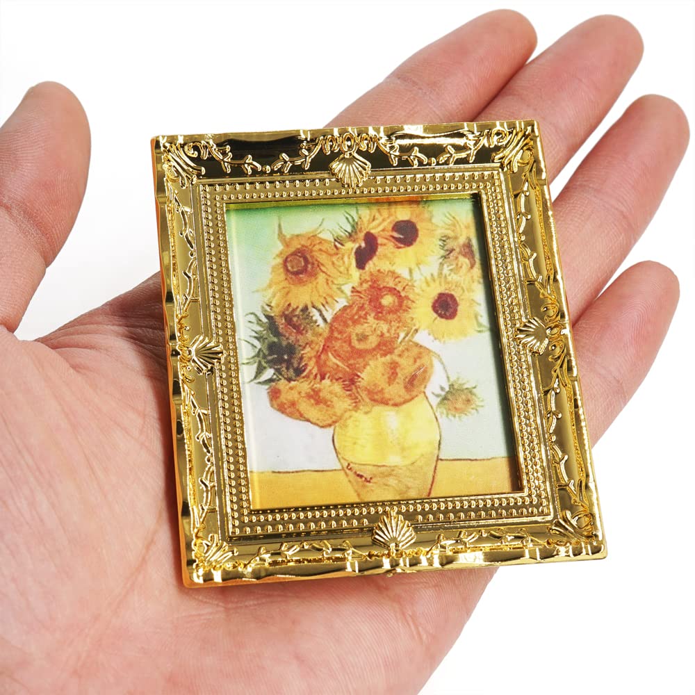 Odoria Maison De Poupée Tableau Miniature: 1/12 Échelle Cadre Tableau Dorée Pour Salon - Petit Peinture à L'huile Encadré - Mini Objet Vintage Mural Van Gogh