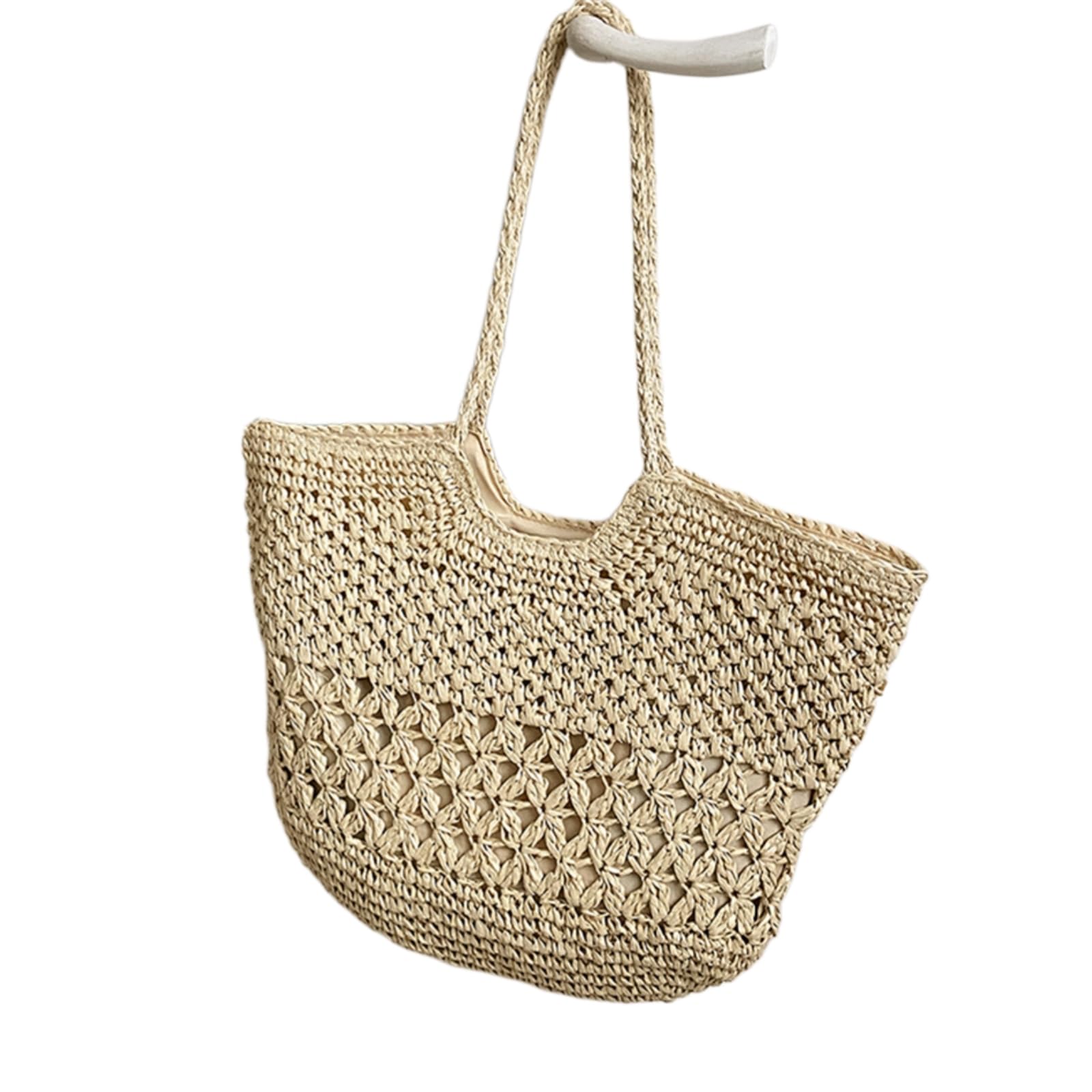 Borsa Spalla Paglia Raffia all'Uncinetto A Apertura Floreale, di Spiaggia Estiva Grande Capacità-creamy-white-37x2x45cm