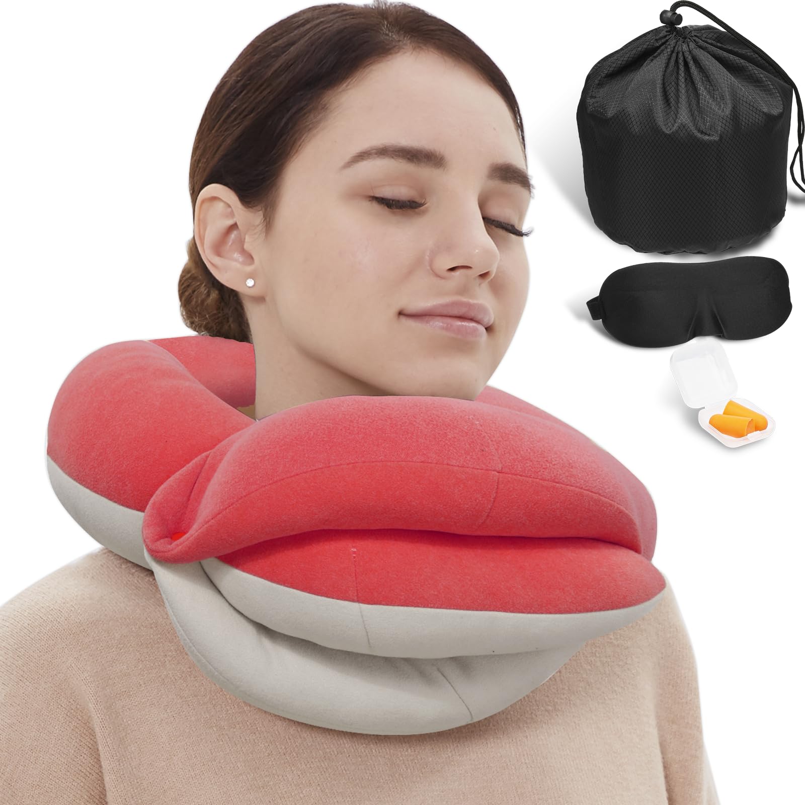 BUYUE Reise-Nackenkissen für Flugzeuge, 360° Kopfstütze Schlaf für Lange Flüge, Kit mit 3D konturierte Augenmaske, Ohrstöpsel und Aufbewahrungstasche (Erwachsene, Rosa, 45KG+)