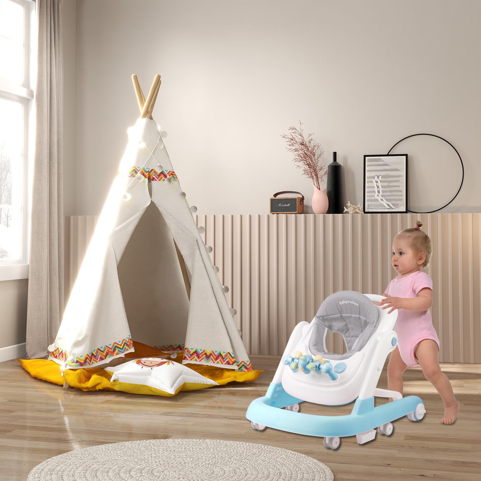 OHMG 4-en-1 Trotteur Bébé avec plateau multi-activités interactive avec musique amovible, Trotteur bébé réglable en hauteur et facilement pliable,jusqu'à 12 kg
