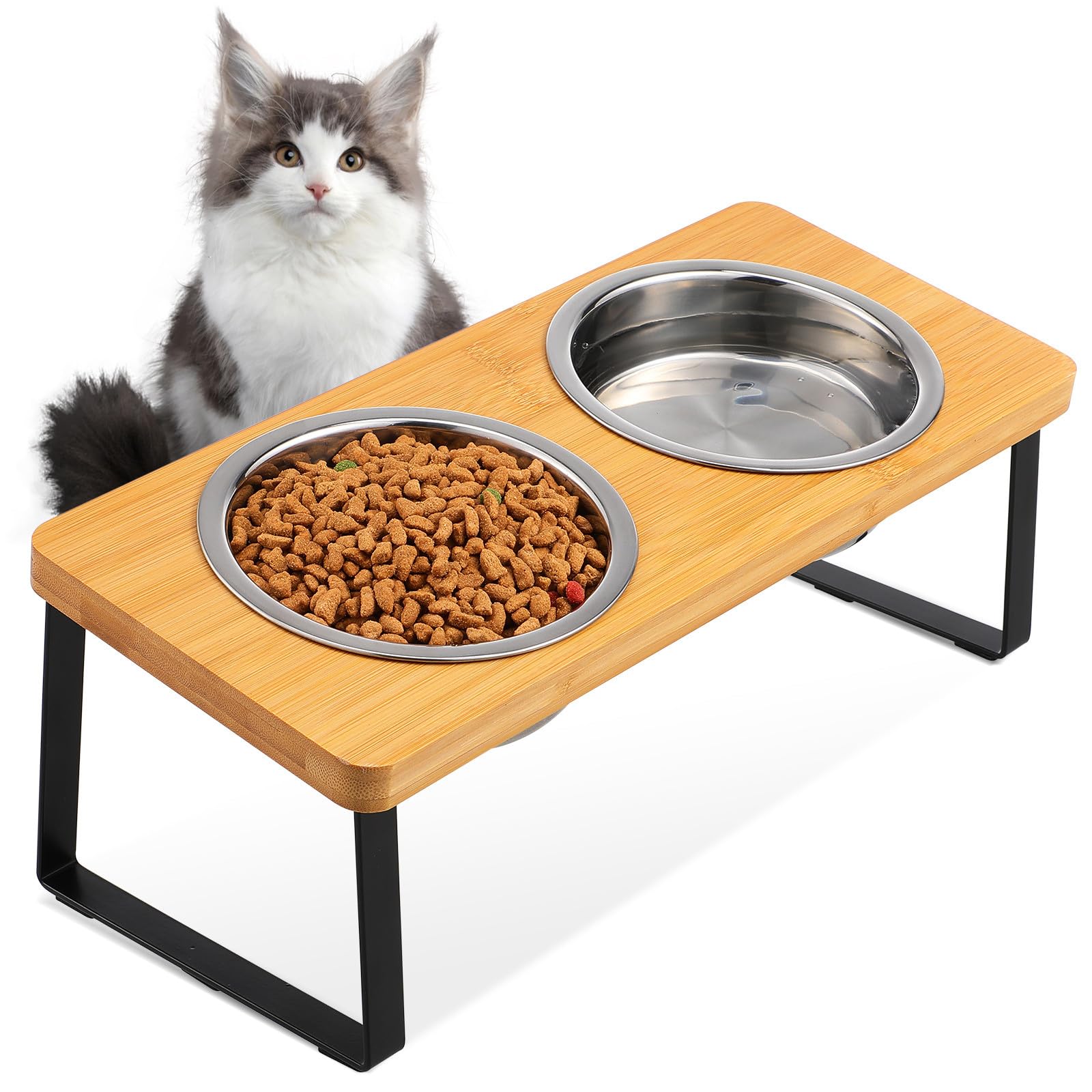 Veemoon Cuencos Elevados para Gatos con Soporte Antideslizante, Doble Cuenco de Acero Inoxidable para Comida y Agua, Tamaño Mediano, Estación de Alimentación Cómoda para Gatos y Perros