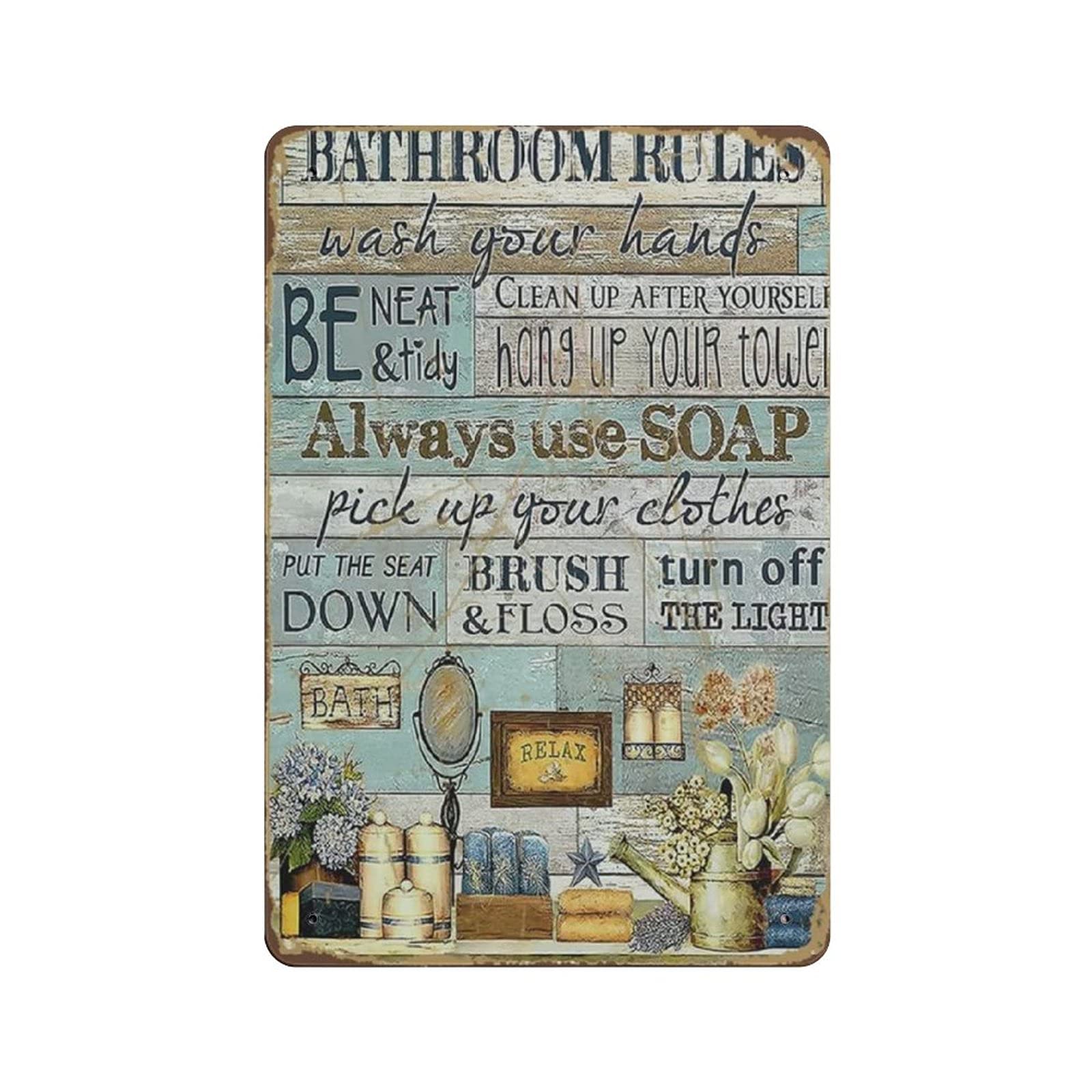 rayprint Bathroom Rules Tin Sign Metal Plaque Art Hanging Iron Painting Retro Home Kitchen Garden Garage Wall Decor 12"x8"