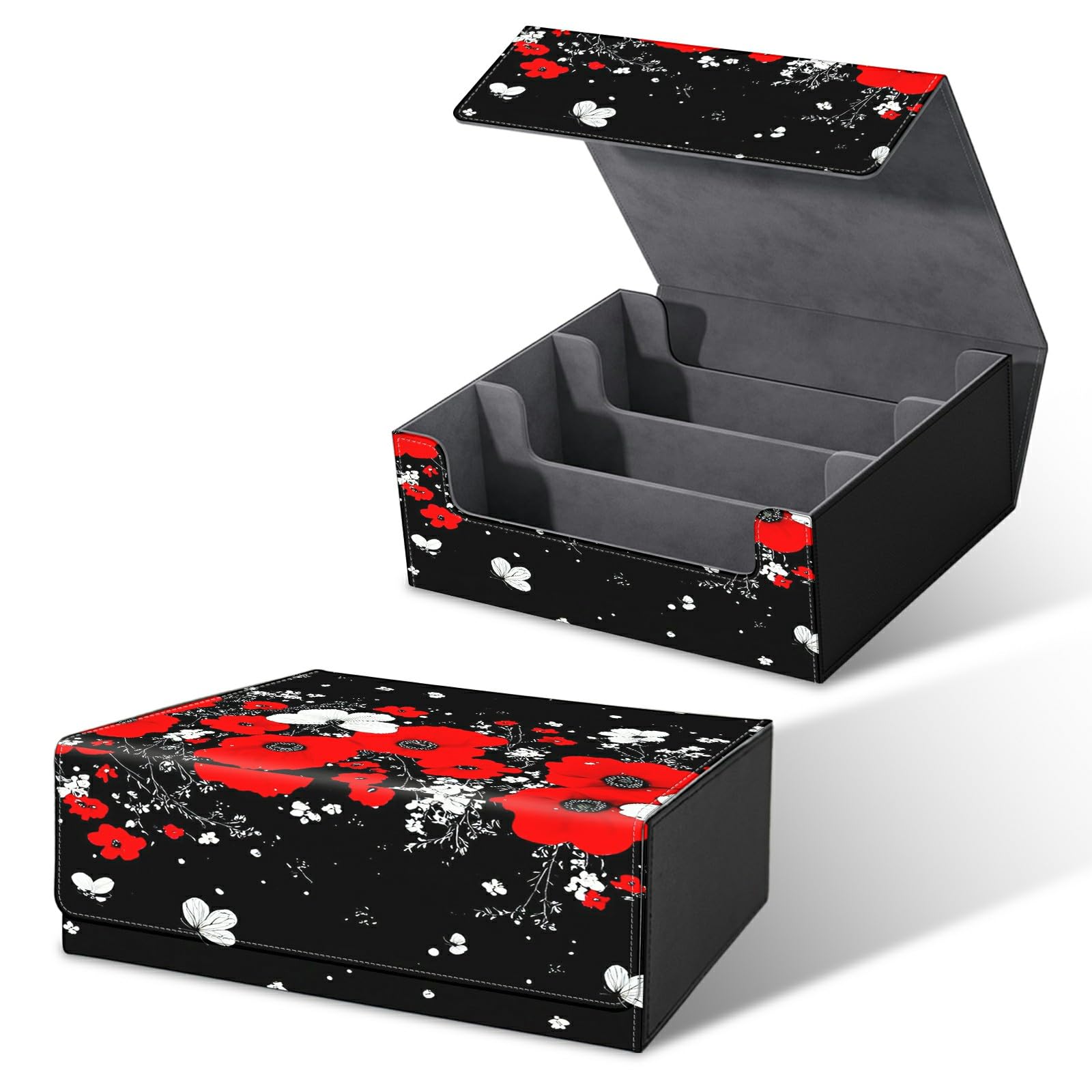 RWUTYTIUL Card Deck Box for MTG, Cards Storage Box Fits 120+ Sleeved, Leather Big Size Strong Magnetic Closing Case for Board Games Magic TCG CCG Baseball Collection Women Man, Red White Flowers