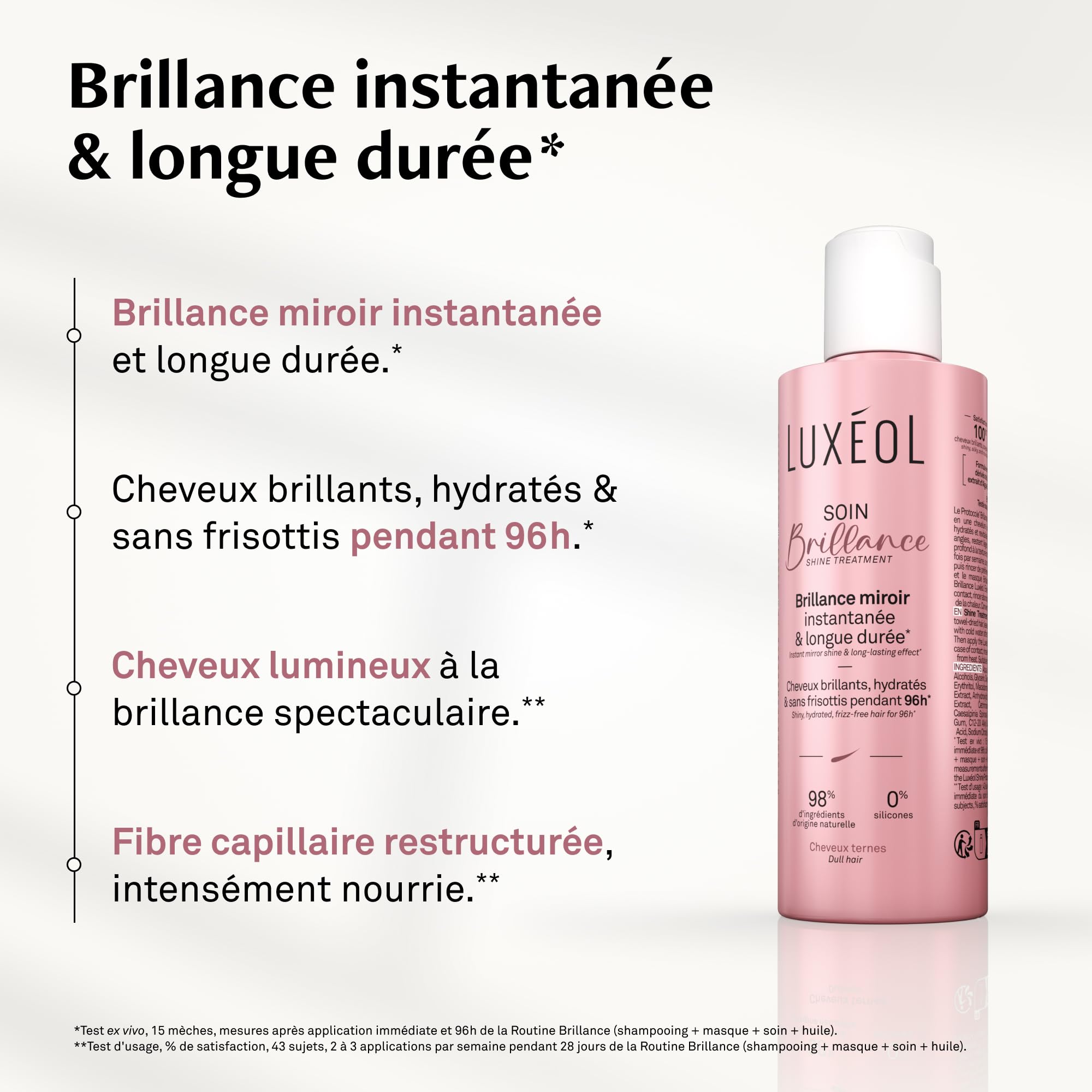 LUXEOL - Soin Brillance - Pour des cheveux brillants, hydratés et sans frisottis pendant 96h* - 98% Ingrédients d'Origine Naturelle - Fabriqué en France - 200 ml