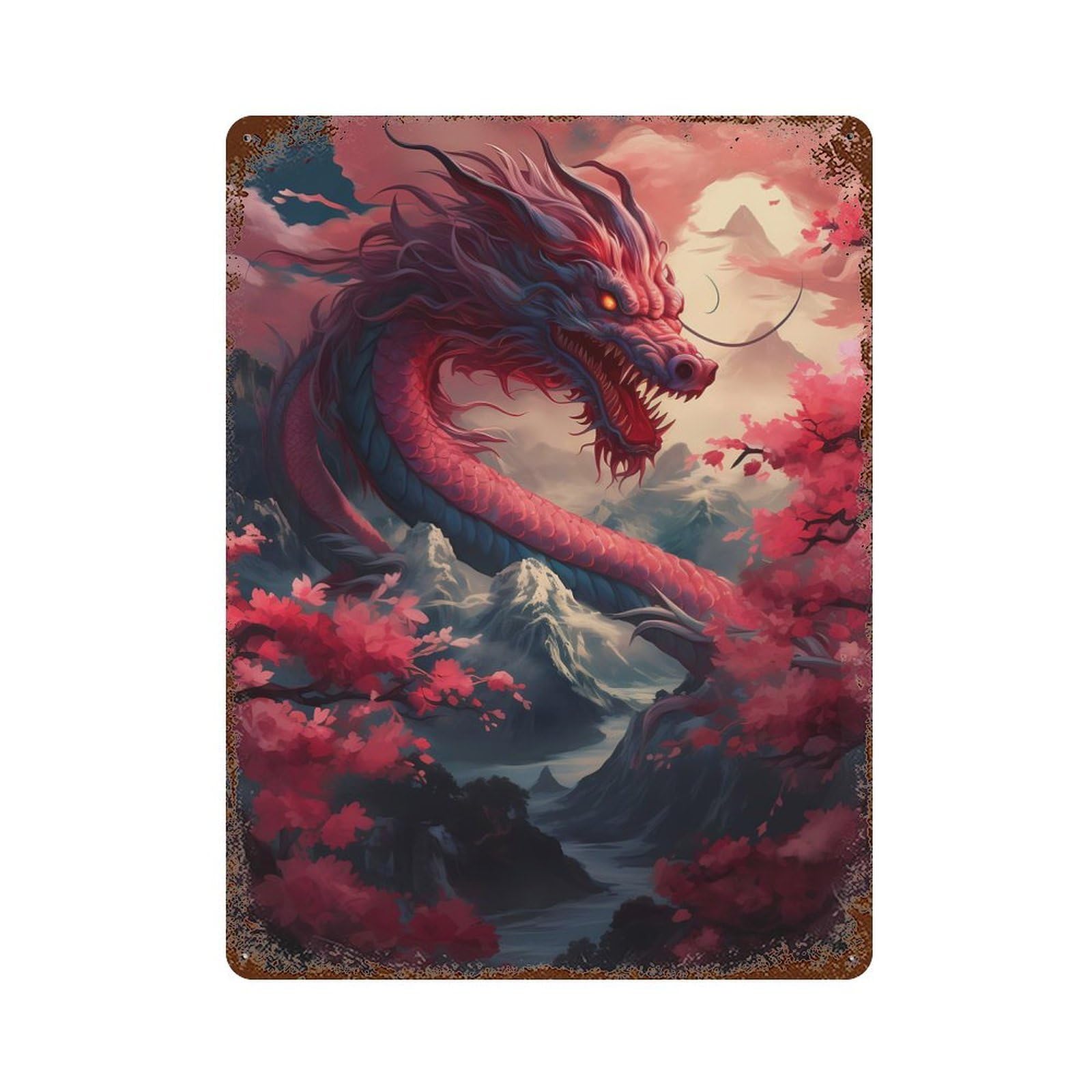 Dragon Blood Moon Japan Rust Effect Tin Sign 15.7"x11.8", Industrial Home Decor for Basement, Hobby Room And Garage Decor