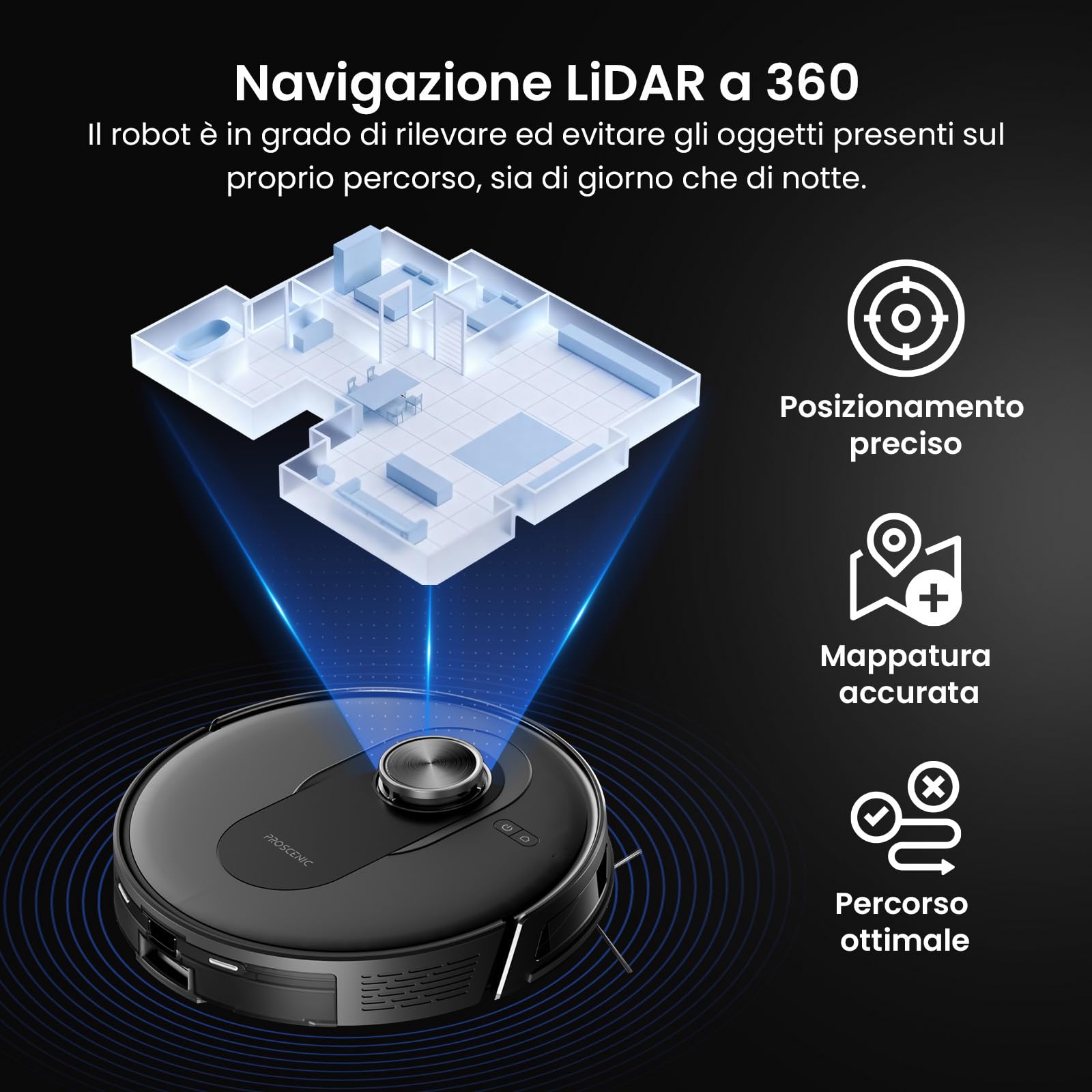 Proscenic Q8 Max+ Robot Aspirapolvere Lavapavimenti con Mappatura 8000Pa, 200 min, Evitamento Automatico Degli Ostacoli, Robot aspirapolvere con WiFi/Alexa/App, per Tappeti/Pavimenti/Peli