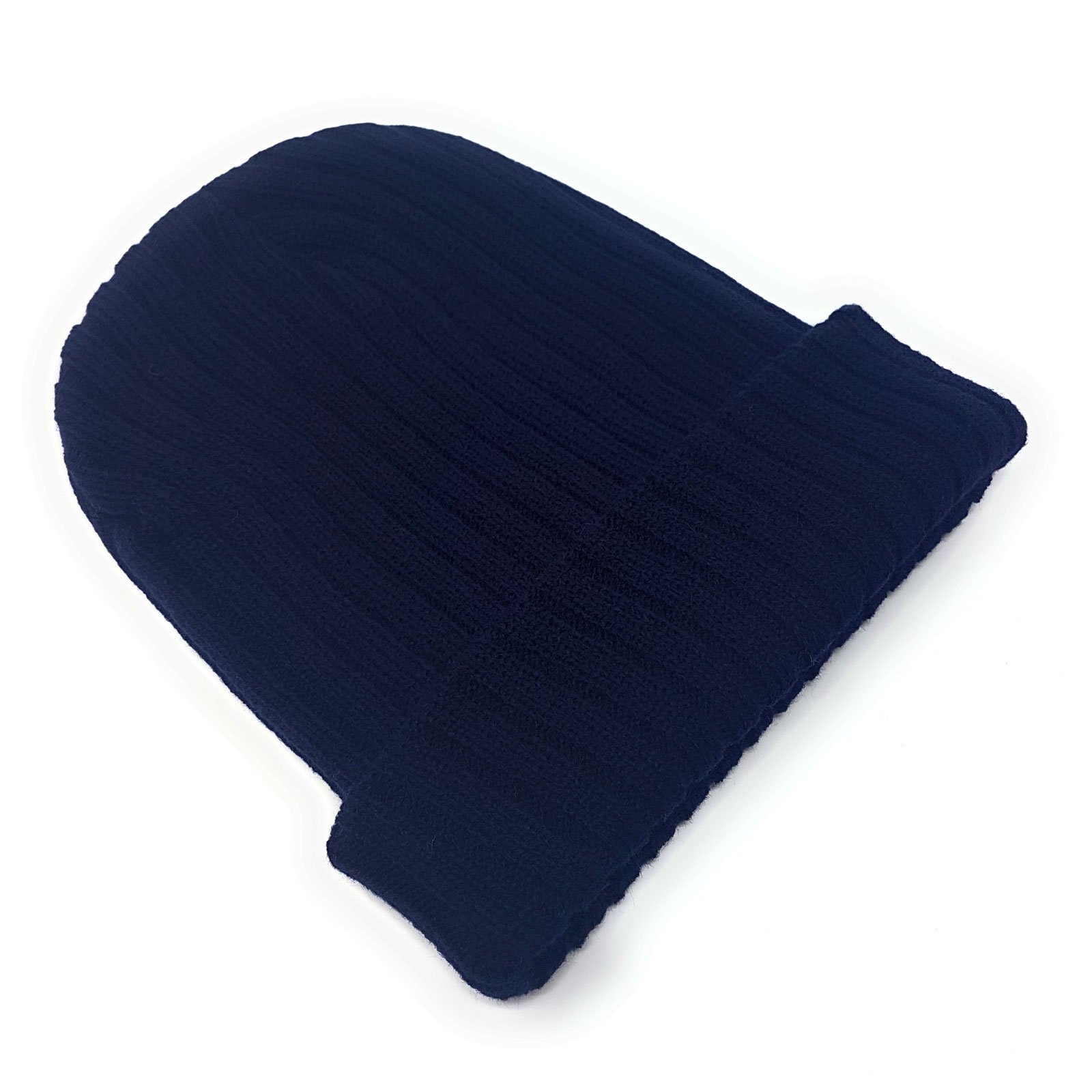 Ribbed Beanie Hat Mens Ladies Womens Unisex Slouch Winter Woolly Turn Up Knitted (Navy Blue)