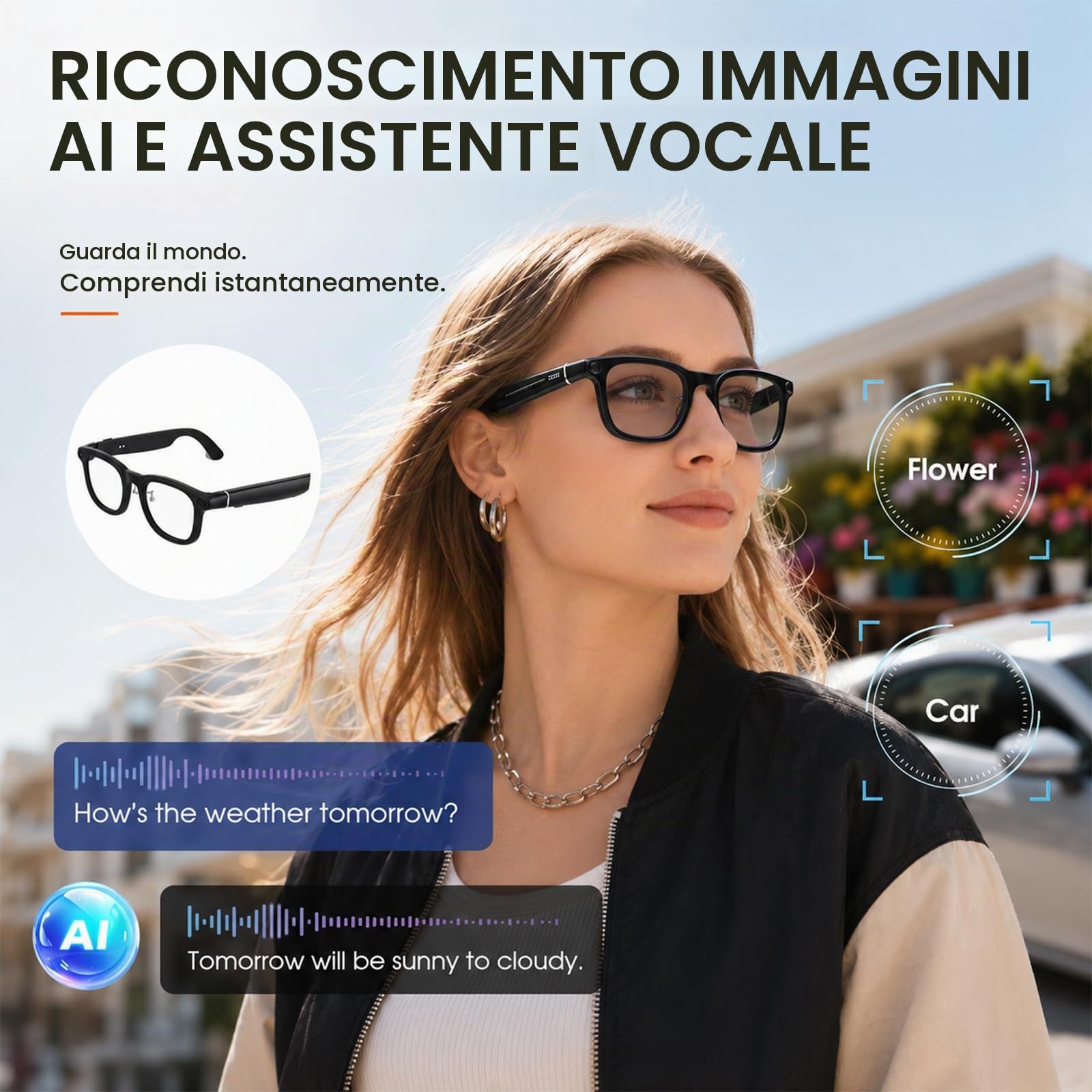 AI Smart Glasses con fotocamera, occhiali per registrazione video 4K HD, traduzione in tempo reale in 163 lingue, assistente vocale GPT KI, Bluetooth, con controllo vocale, fotocromatico UV400 Smart