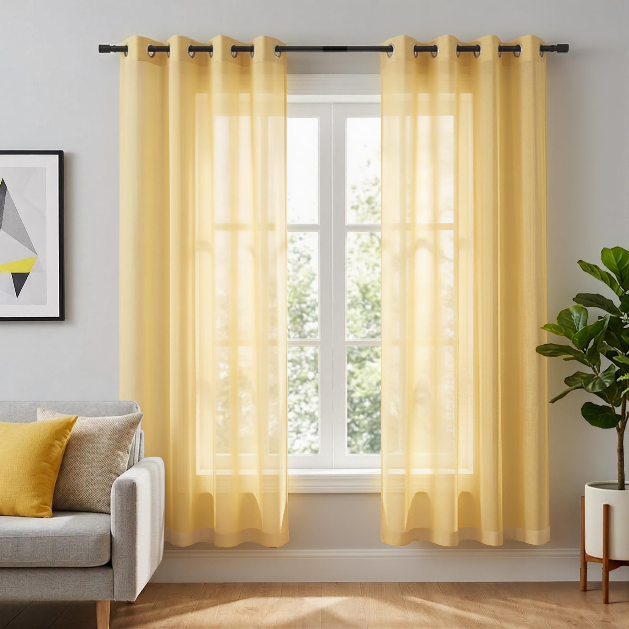 Photo 1 of KOUFALL Yellow Linen-Look Sheer Curtains - 63" L (2 Panels)