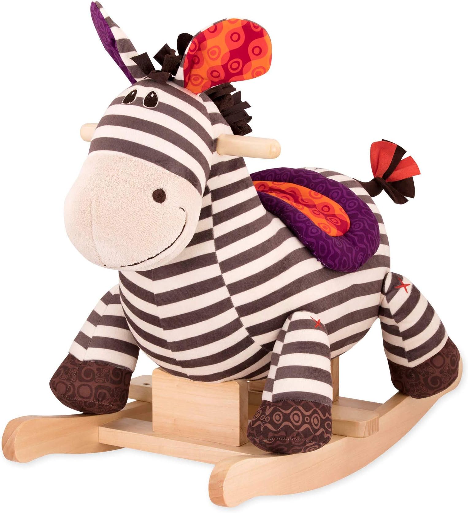 B. toys – Kazoo Wooden Rocking Zebra – Plush, Handcrafted Zebra Rider, Comfort Saddle, Secure Base – Imaginative Animal-Themed Toy for Babies and Toddlers – 18m+