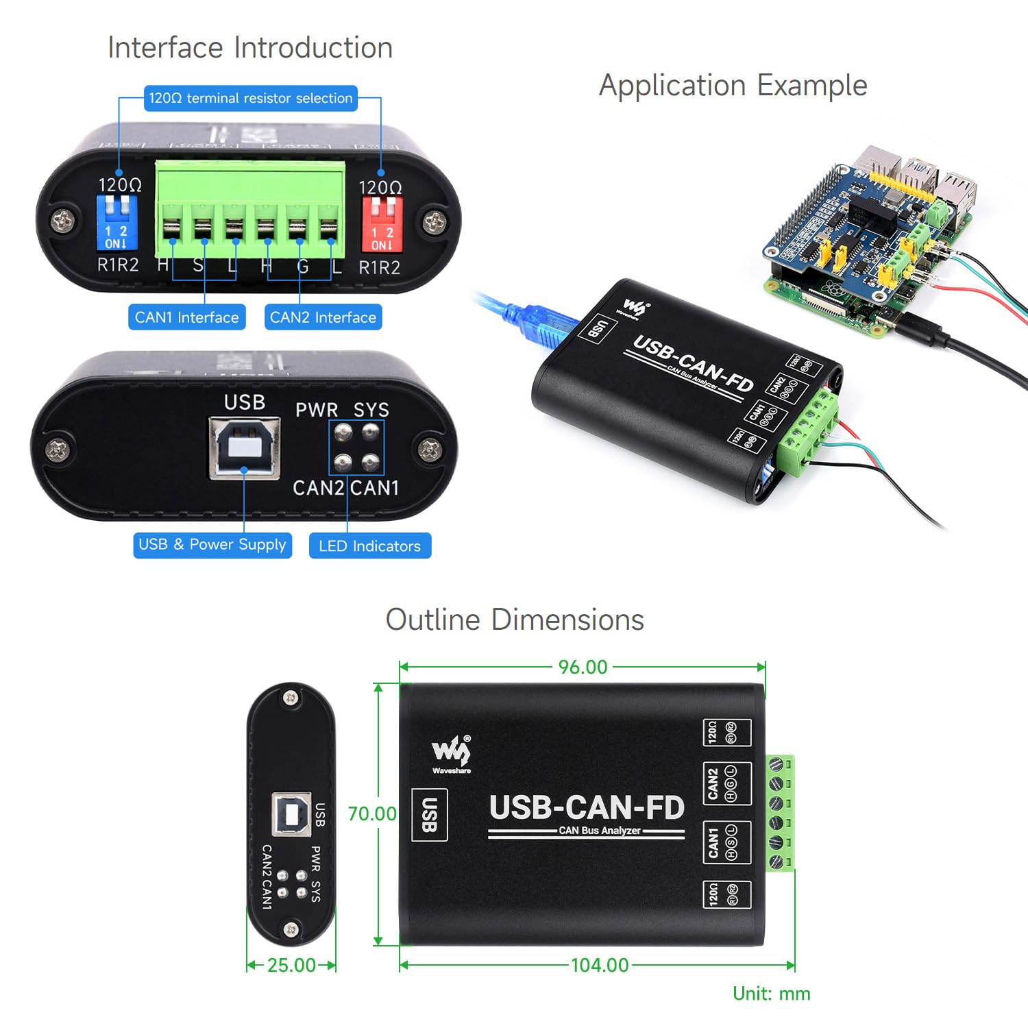 Waveshare Industrial Grade Can/Can FD Bus Data Analyzer, USB to Can FD Adapter, Can/Can FD Bus Communication Interface Card, Can/Can FD Protocol Data Analyzer, Support Windows and Linux
