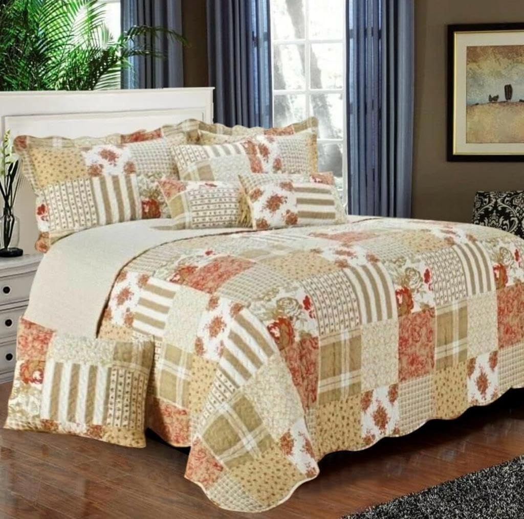 3 PCS Patchwork Bedspread Quilted Bed Throw Single Double King Size Bedding Set (Alvina, Super King)