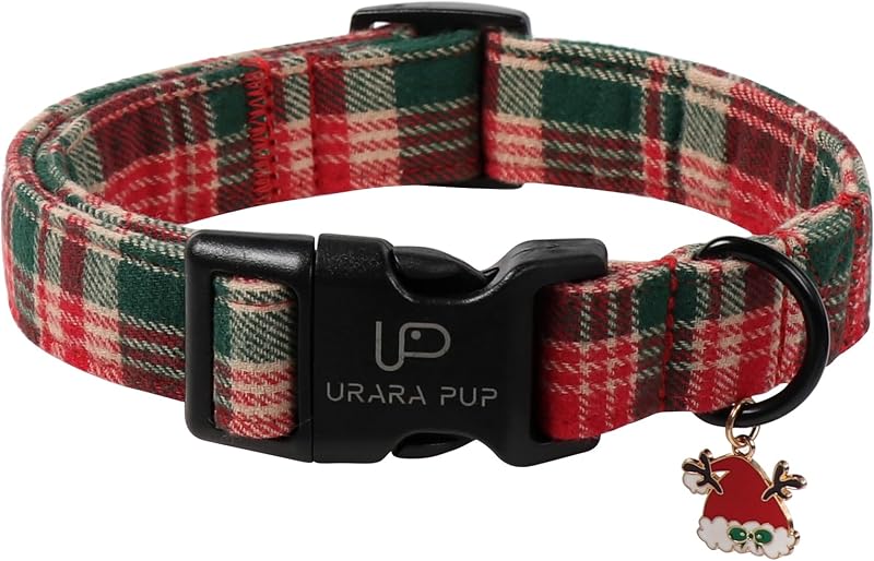 Coleira de Natal para Cães com Estampa Xadrez Vermelha e Verde, Ajustável e com Fecho de Engate Rápido UP URARA PUP – XL