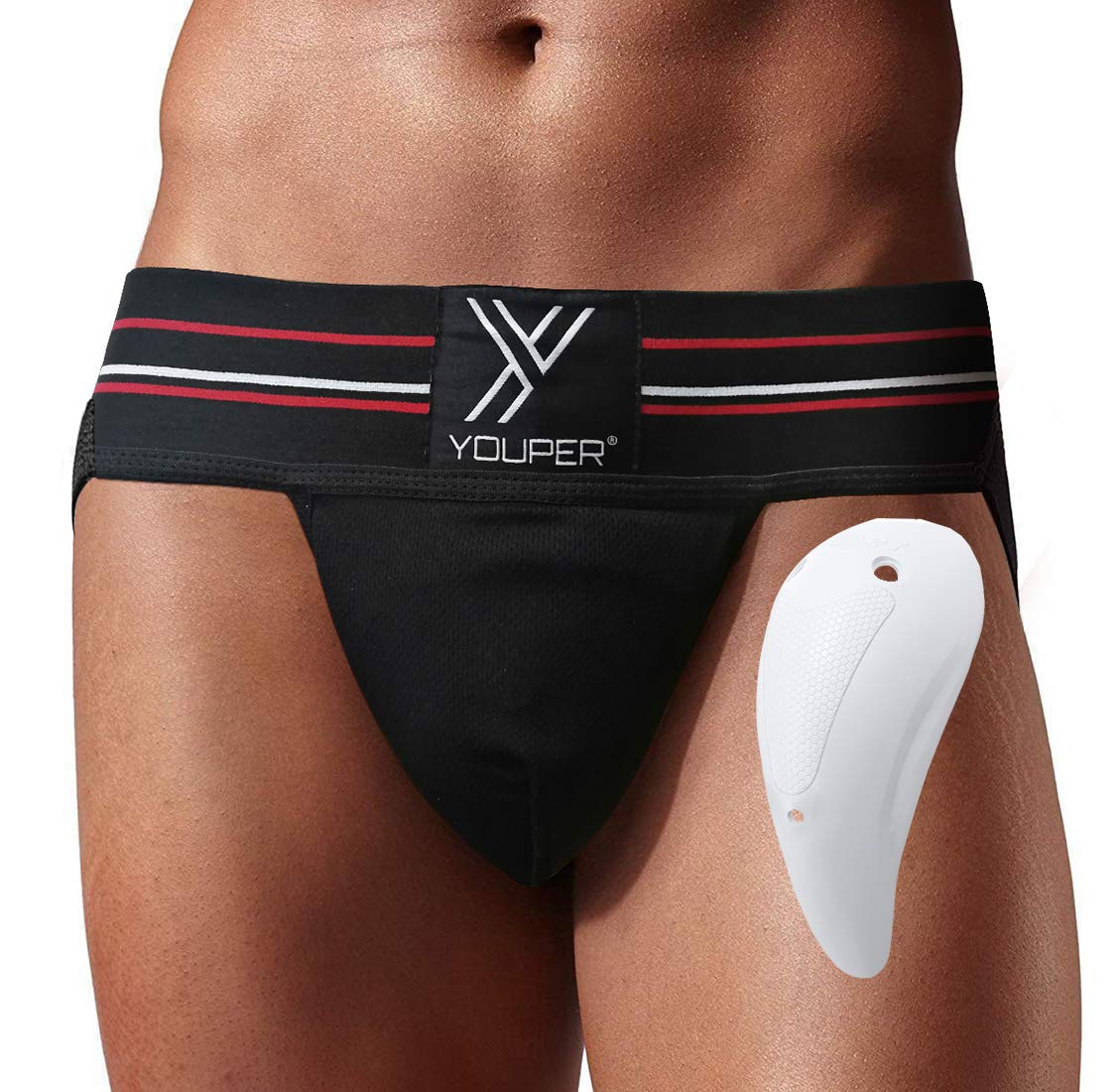 Youper Jock Strap Supporter, Athletic Supporter w/Soft Protective Sports Cup, Adult Sizes (Black, XX-Large)