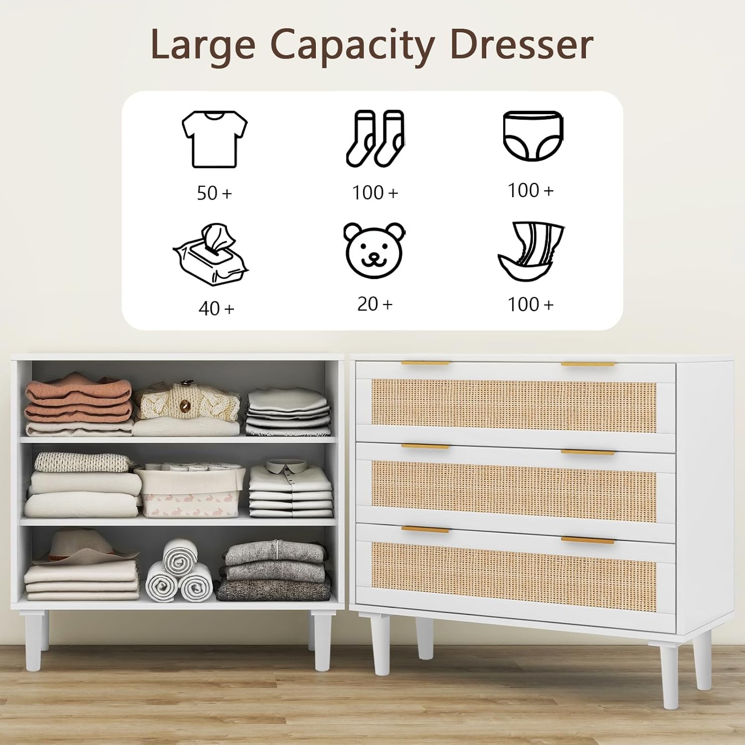 3 Drawer Dresser for Bedroom, Rattan Dresser Storage for Closet, Boho 3 Drawer Dresser Chest of Drawers, Modern Wood Dresser for Kids Bedroom, Living Room, Nursery, Hallway, Entryway, White