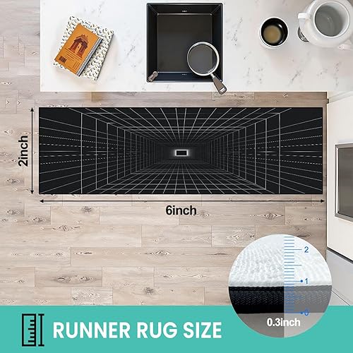 Miniatura 2 de Alfombra de corredor lavable de 2 x 6 pulgadas, diseño retro punk, perspectiva rectangular, túnel de rejilla, antideslizante, alfombra de pasillo
