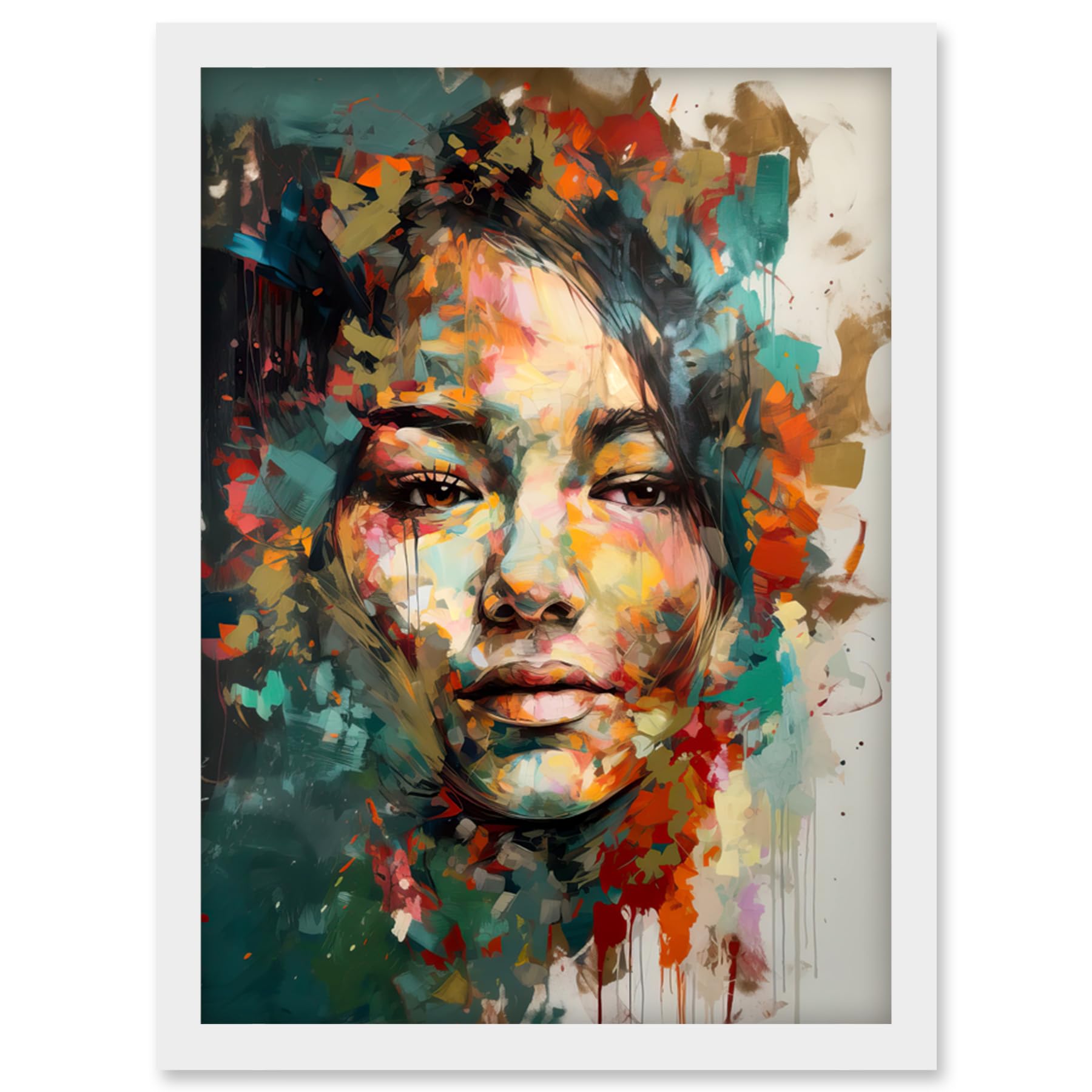 Artery8 Sad Young Woman Face Beauty Portrait Multicoloured Artwork Framed Wall Art Print A4