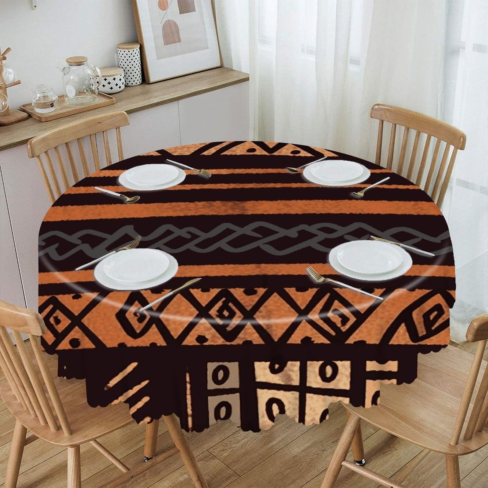 VstaDank 60 Inch Round African Mud Cloth Tribal Tablecloth Polyester Waterproof Wrinkle Free Table Cloth Spillproof Washable Table Cover Colorful Tablecover Decor for Home Kitchen Dining Party