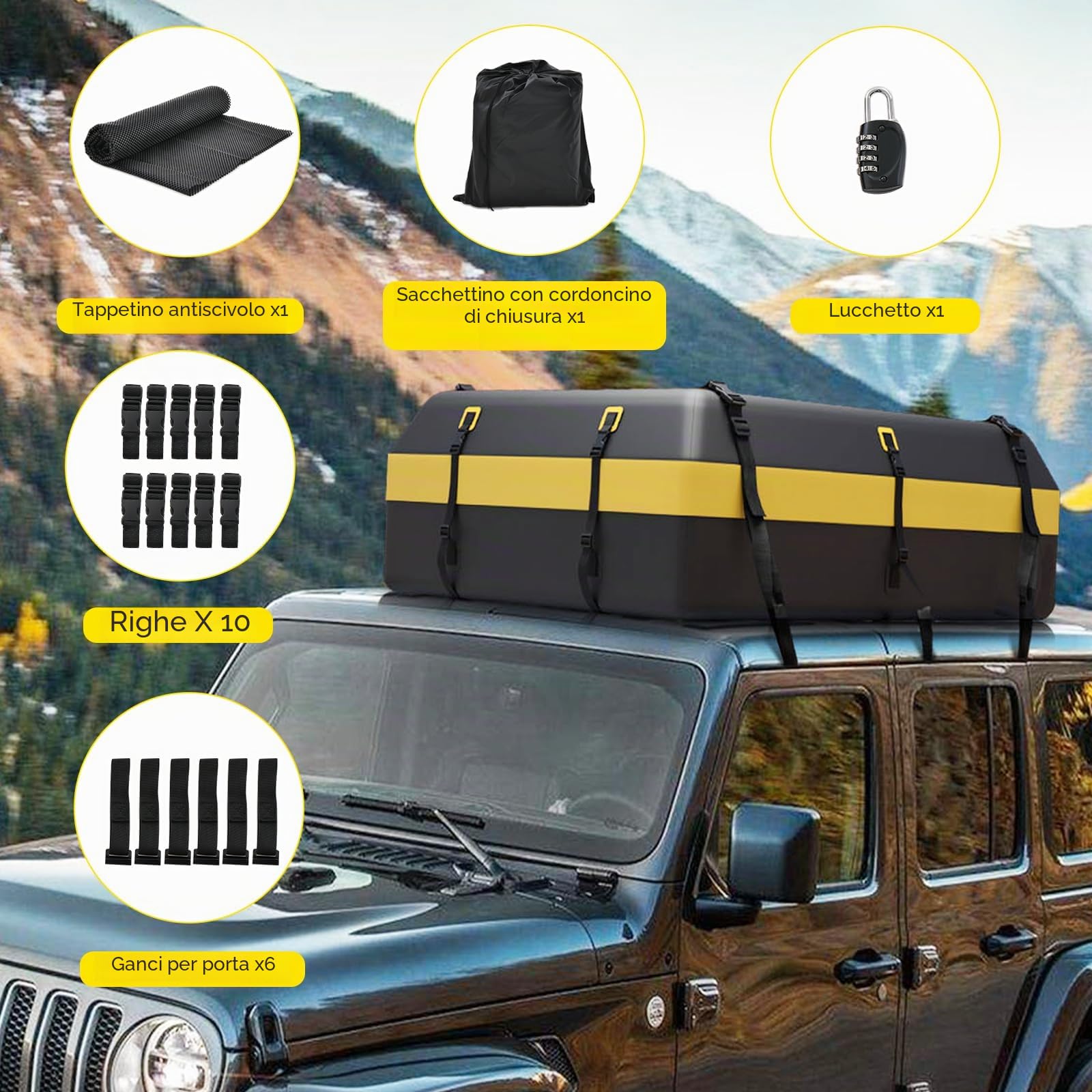 SOARS Box Tetto Auto 600 Litri, Portapacchi Auto Tetto 100 X 130 X 44 CM, Impermeabile con Tappetino Antiscivolo e Borsa per il Trasporto, Porta Bagagli Universale per Auto, SUV (Nero+Giallo-600L)