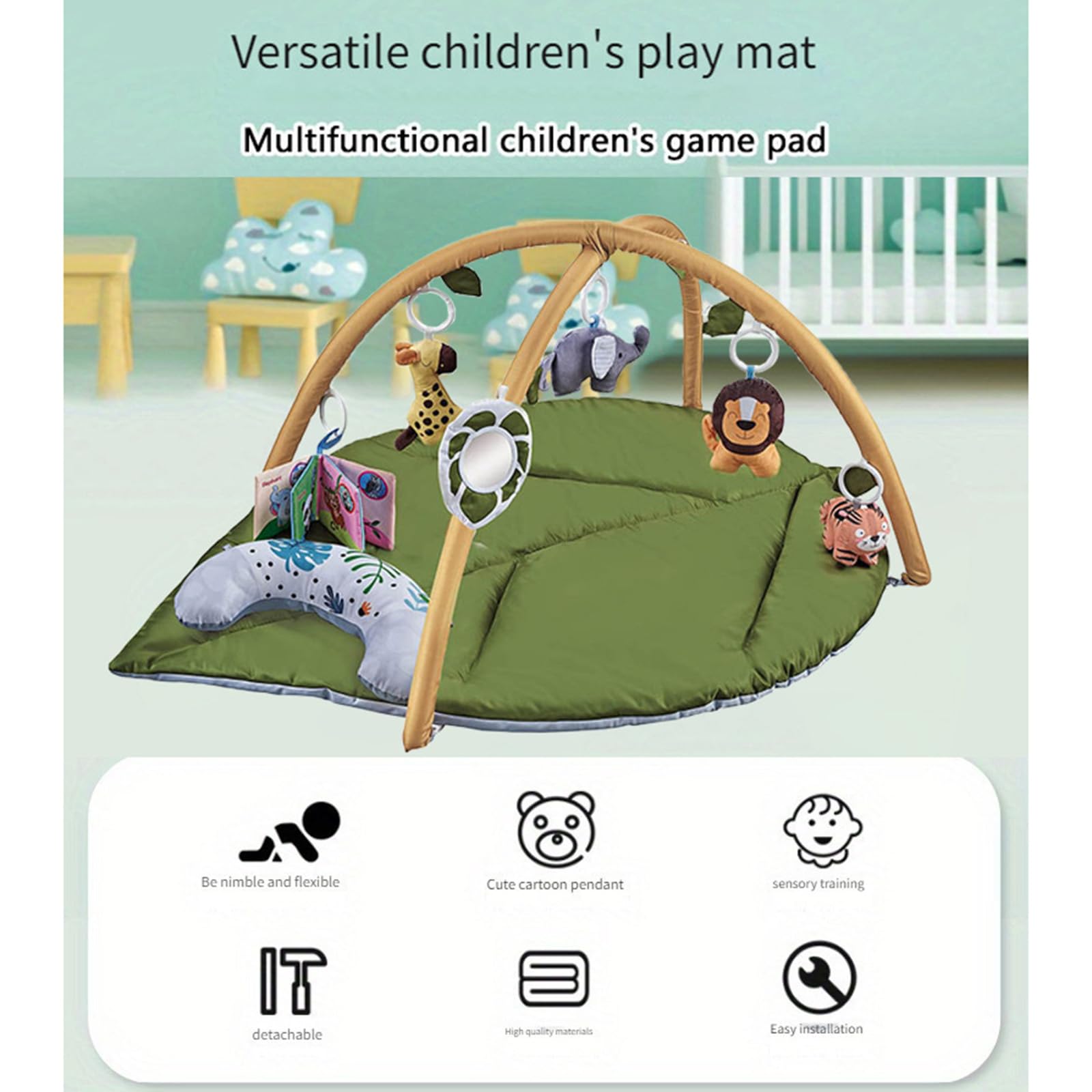 FOLODA Geräumige 142 x 90 cm große Krabbelmatte mit verstellbarem rundem und interaktivem Spielzeug, grüne Spielmatte für Babys