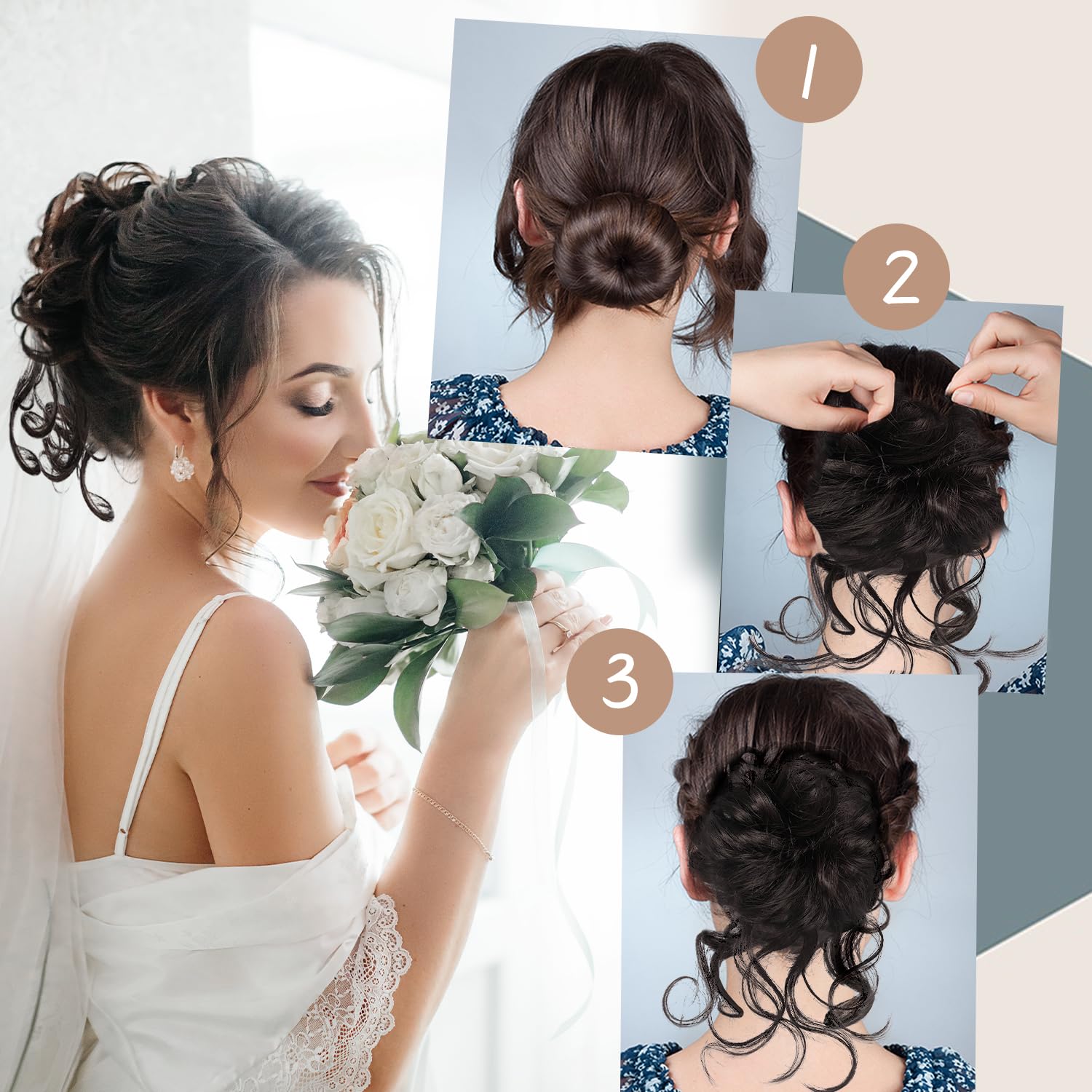 Messy Bun Hair Piece, Curly Wavy Hair Bun Extensions for Women, Tousled Updo Fake Hair Scrunchie, Synthetic Hairpiece with Elastic Band, Fake Bun for Updo Styling (Mix Light Brown) - Image 4
