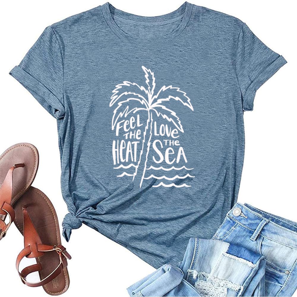 Funny Hawaiian Shirts for Women Coconut Tree T Shirt Feel The Heat Letter Print Tshirt Love The Sea Graphic Tee Summer Beach Tops, Blue Large