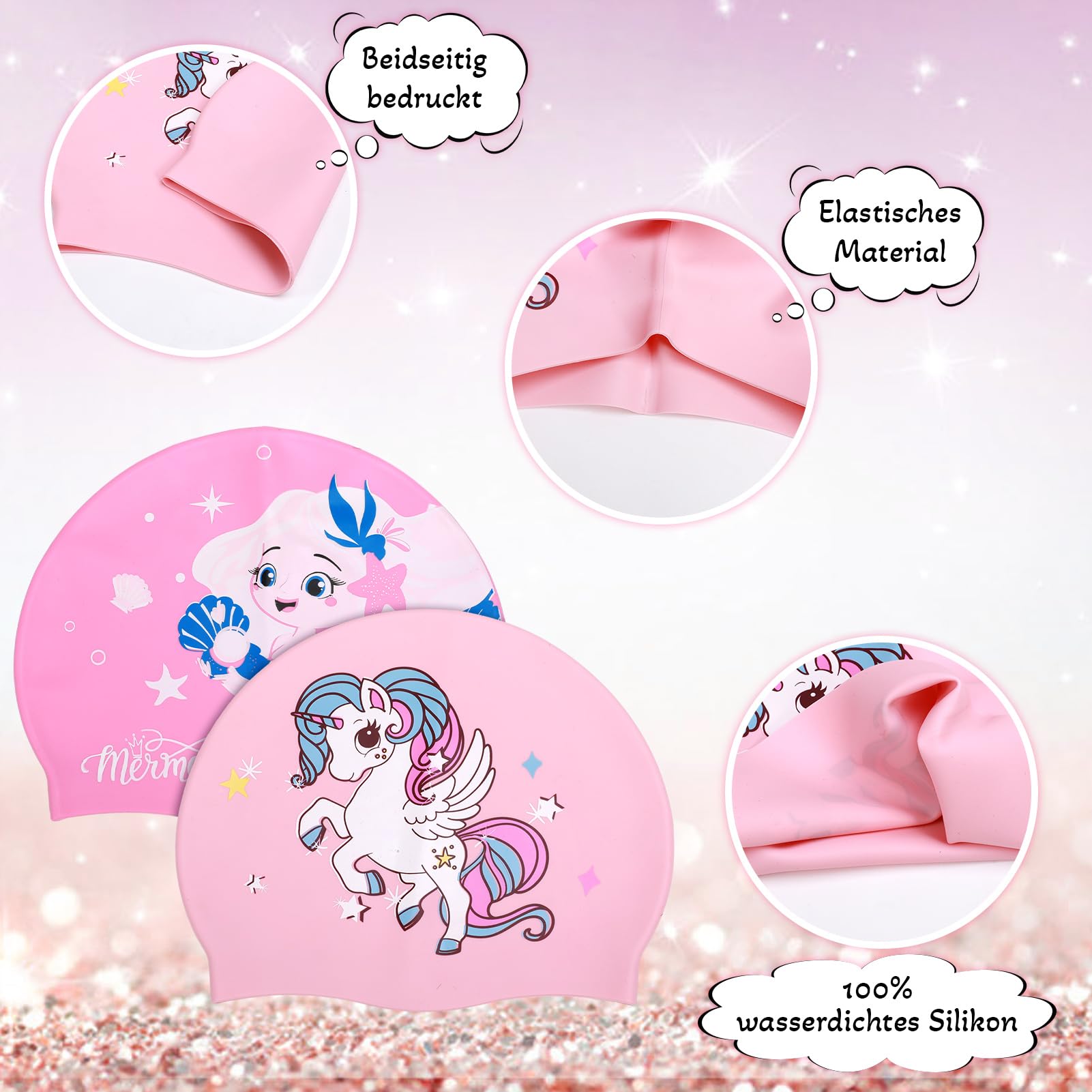 2 Bonnets De Bain Silicone Enfants - Motifs Licorne Et Sirène, 2-12 Ans, Imperméable Et Confortable