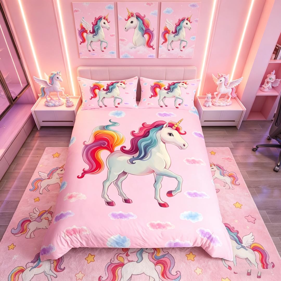 Homemissing Unicorn Bedding Set Pink Girls' Dream Horse Bedding Colorful Clown And Star Printed Duvet Cover Super Extra Large Children, Teenagers, Women Soft Microfiber Zipper