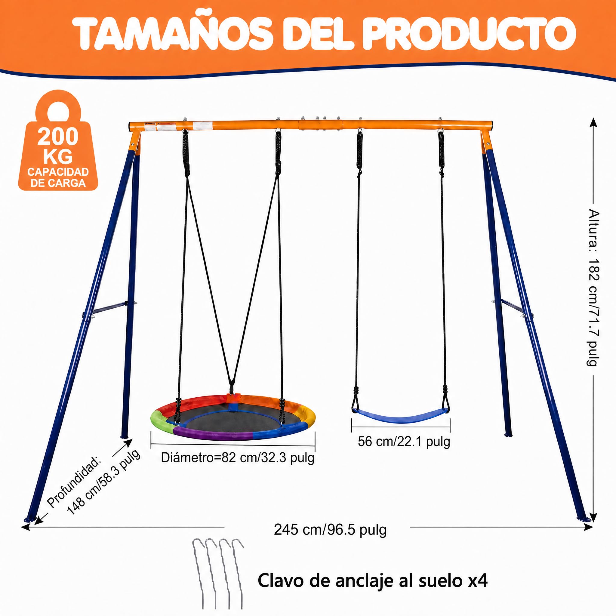 hotsizz Juego de Columpio Jardin Exterior de Metal Resistente, Columpios Infantiles para Niños, Estructura de Acero, Dimensiones 245×182×148 cm para Patio y Terraza