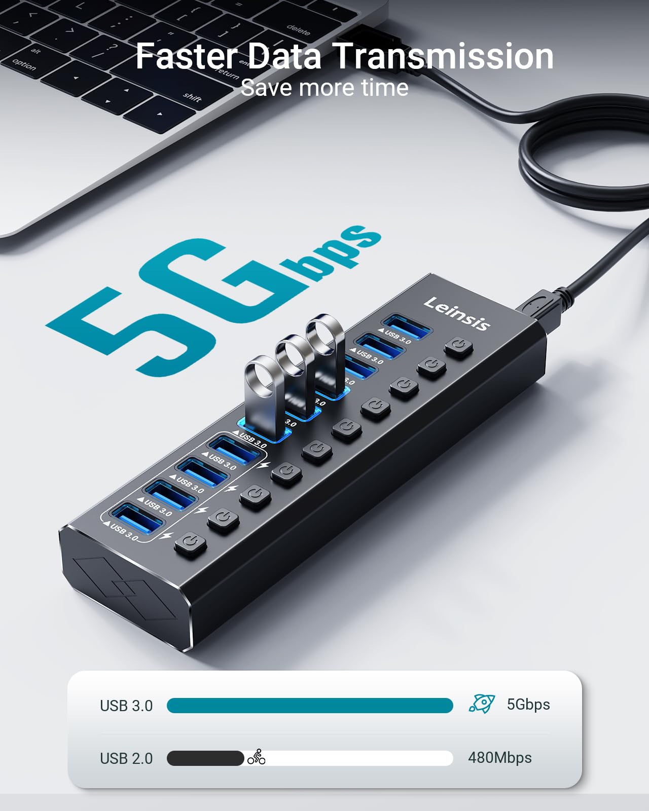 Alimenté USB Hub 3.0, 10-Port USB 3.0 Hub [Durable Aluminum] 10 Data Transfer Ports+ 4 Smart Charging Ports with Individual On/Off Switches, USB Hub 3.0 Powered with Power Adapter for Laptop PC