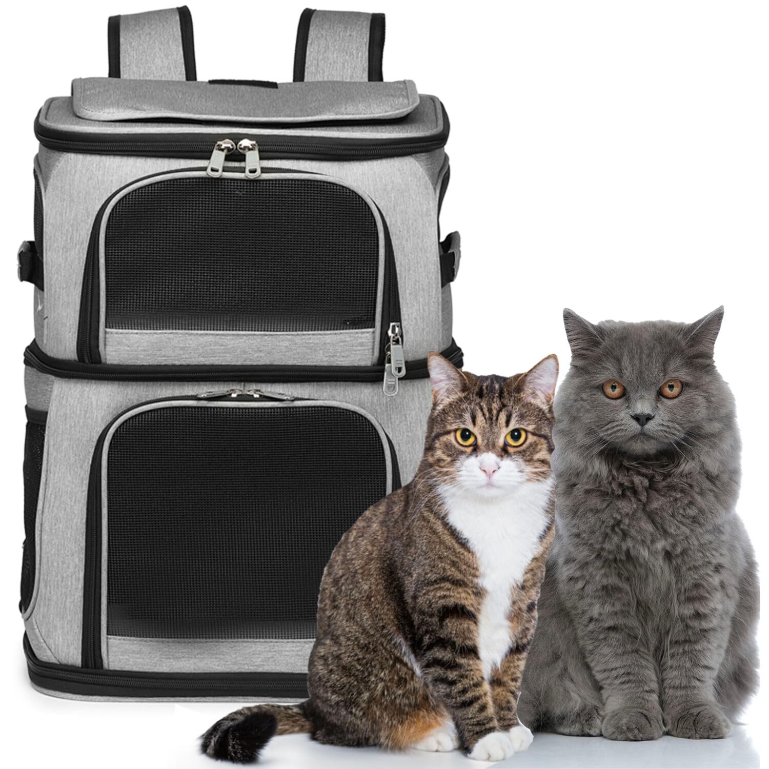 CRITTER SITTERSDouble Decker Grey Pet Backpack for Small Dogs, Cats with Scratch Resistant Breathable Mesh Windows, Airline Carry-On Approved, Safety Leash, Storage Pockets, Animal Transportation