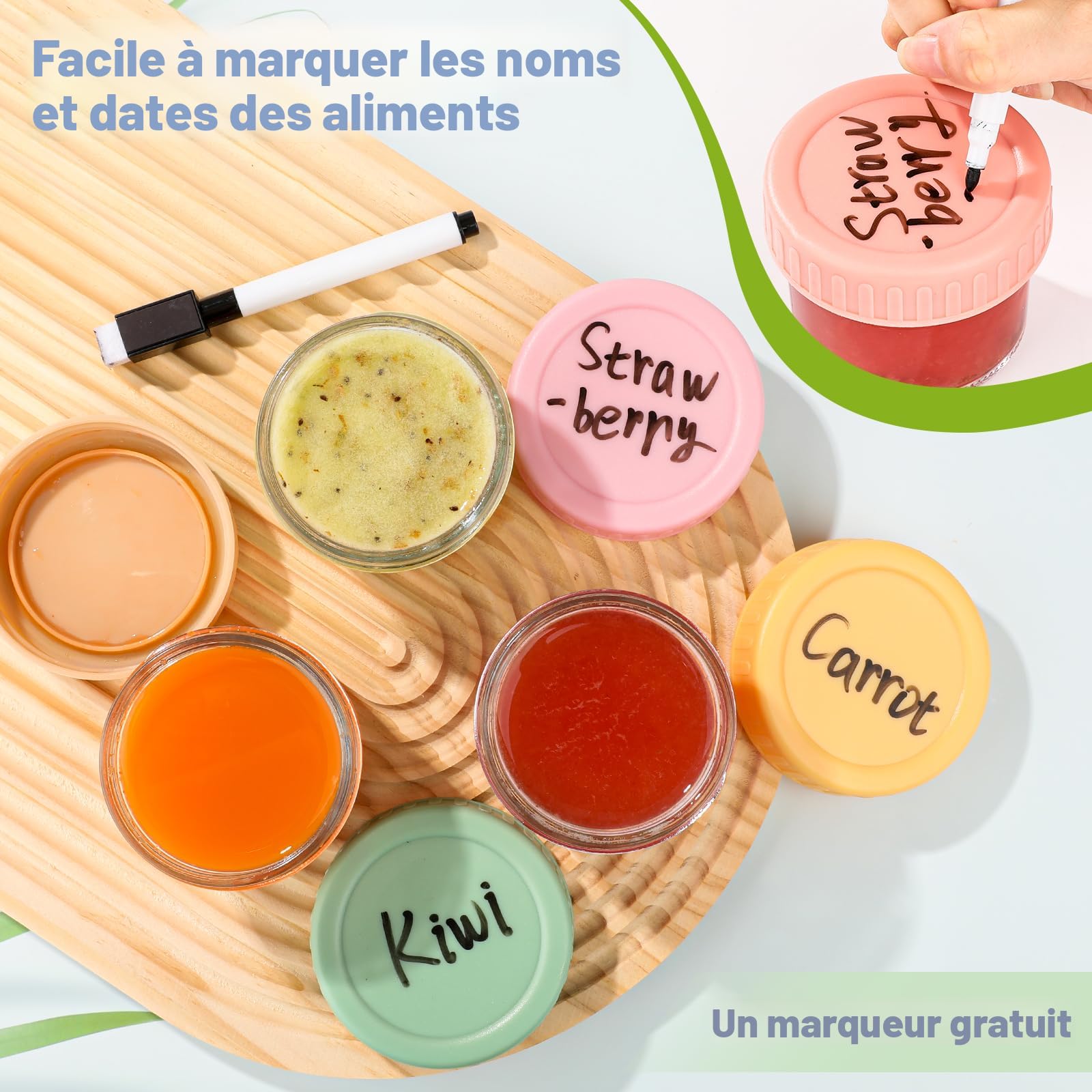 Pots De Conservation Aliment Bébé En Verre - Lot De 2 (180 Ml + 140 Ml) - Couvercles Silicone étanches - Gradués Et Passent Au Micro-ondes - 6