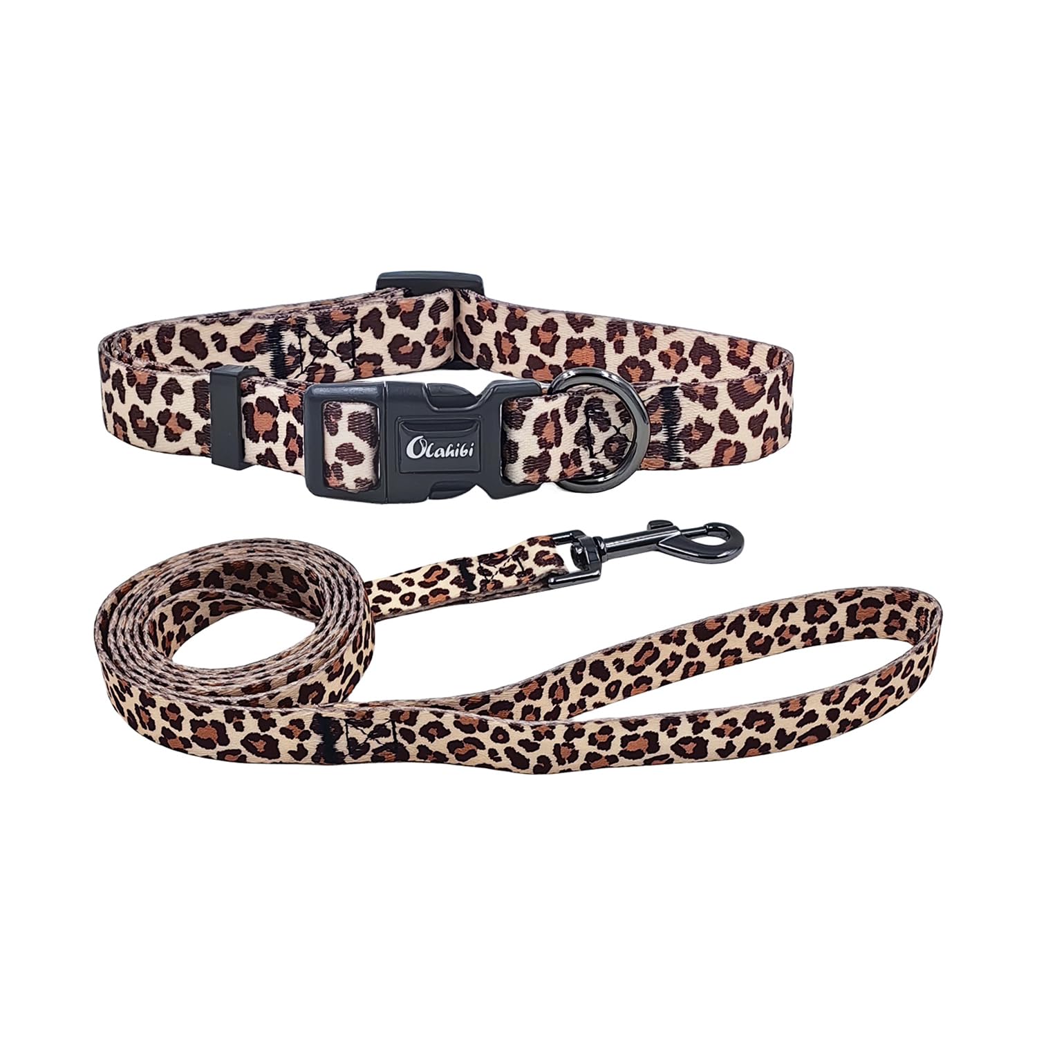 Olahibi Dog Collar and Leash Combo Set, Leopard Pattern, Polyester Material, 150CM Matching Leash, for Small Dogs.(S